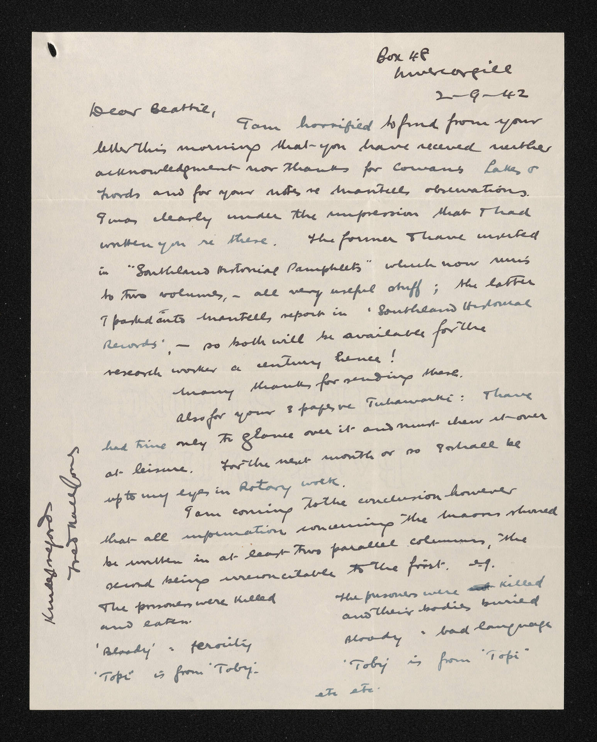 Letter, 2 September 1942, from Fred Hall-Jones, to Herries Beattie