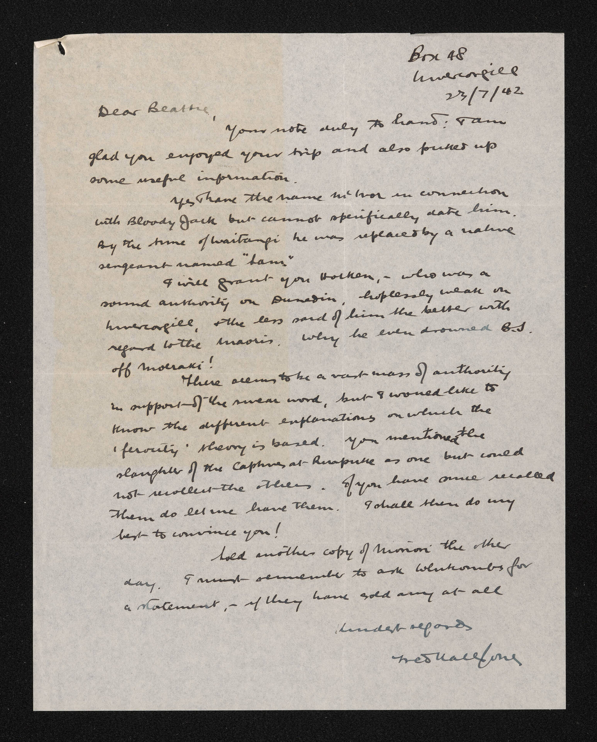 Letter, 23 July 1942, from Fred Hall-Jones, to Herries Beattie