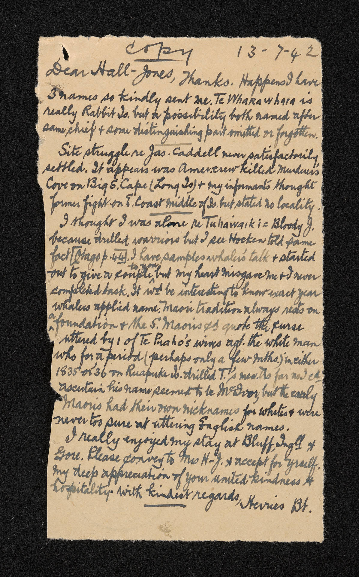 Letter [copy], 13 July 1942, from Herries Beattie, to F.G. Hall Jones