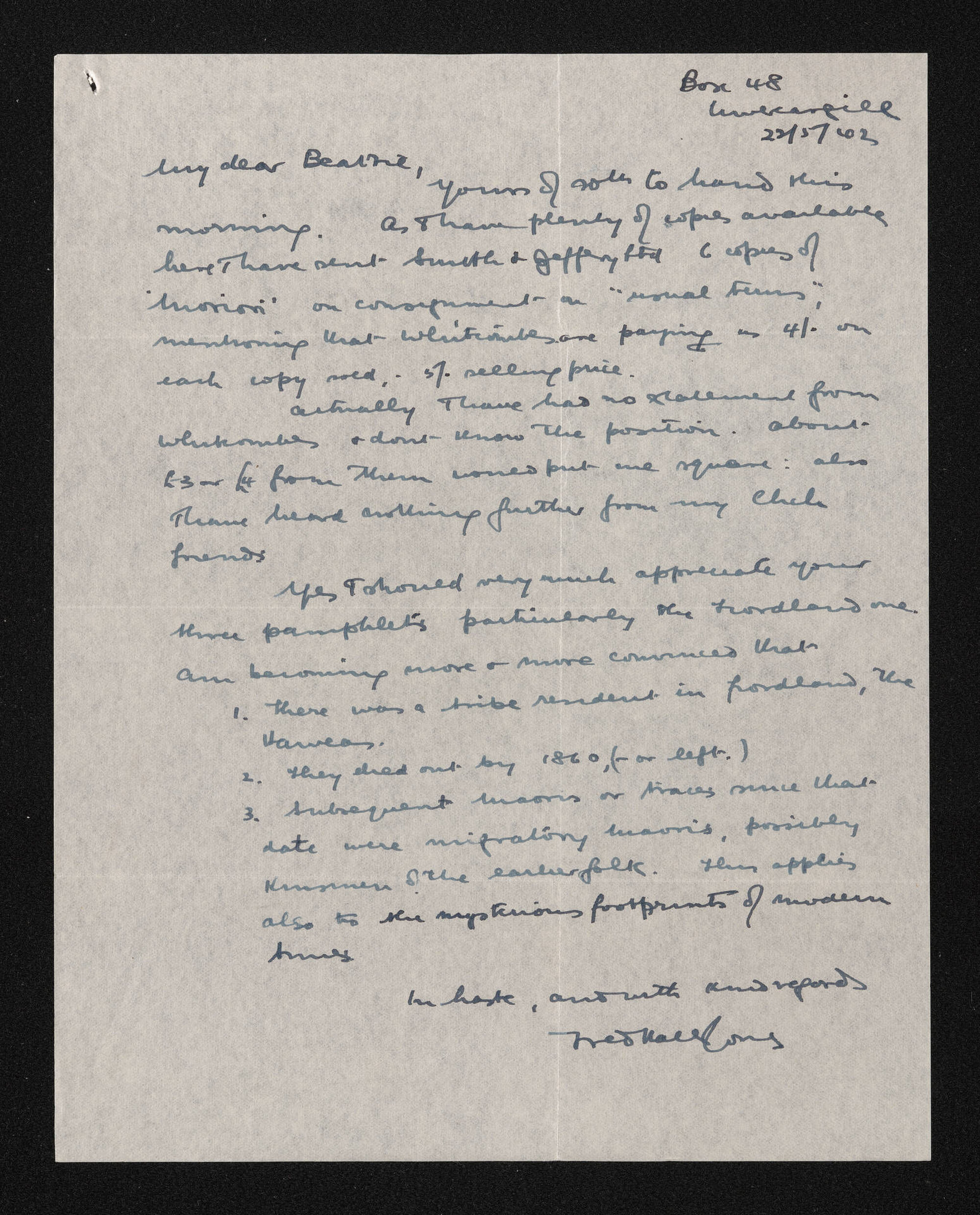 Letter, 22 May 1942, from Fred Hall-Jones, to Herries Beattie