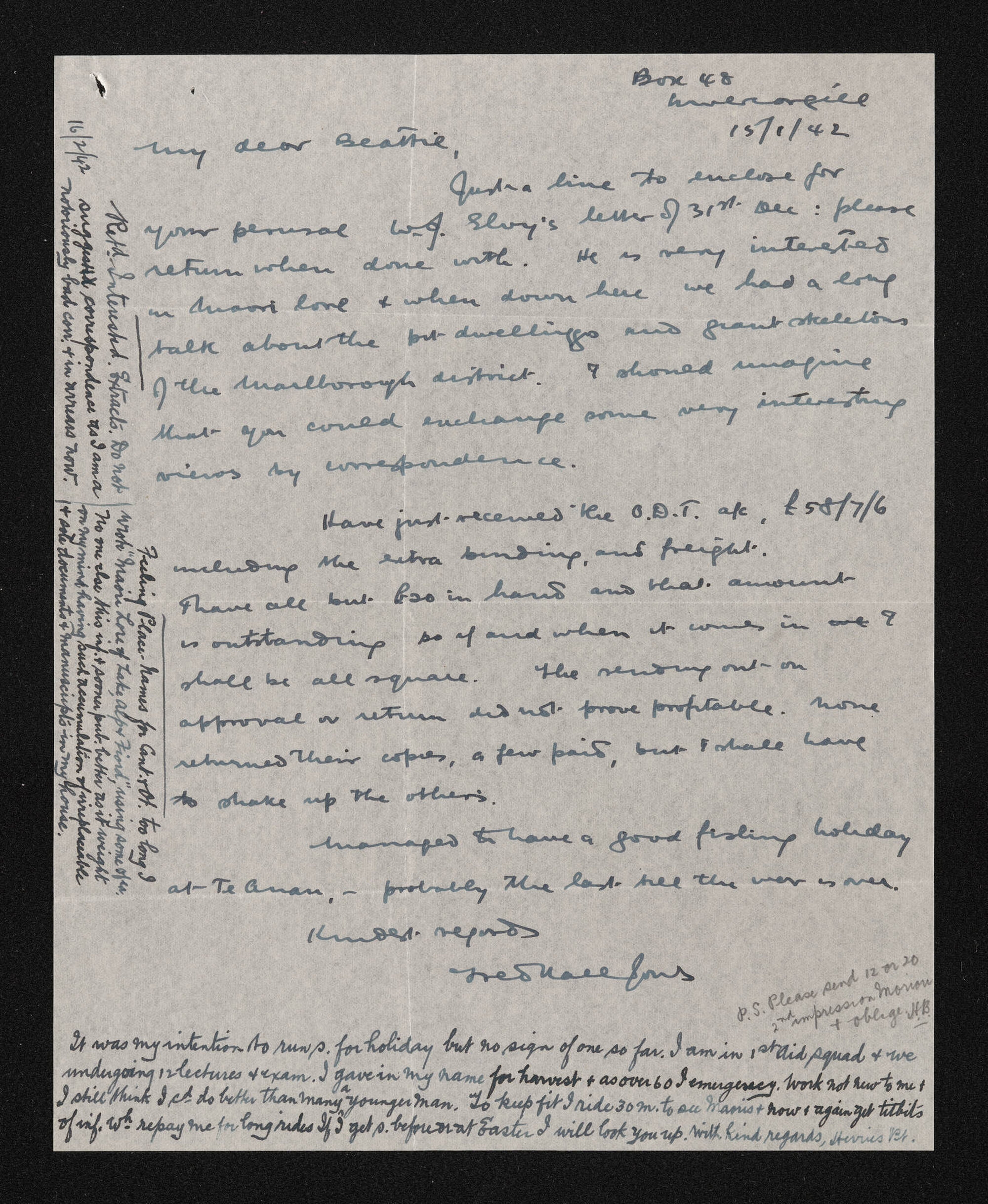 Letter, 15 January 1942, from Fred Hall-Jones, to Herries Beattie