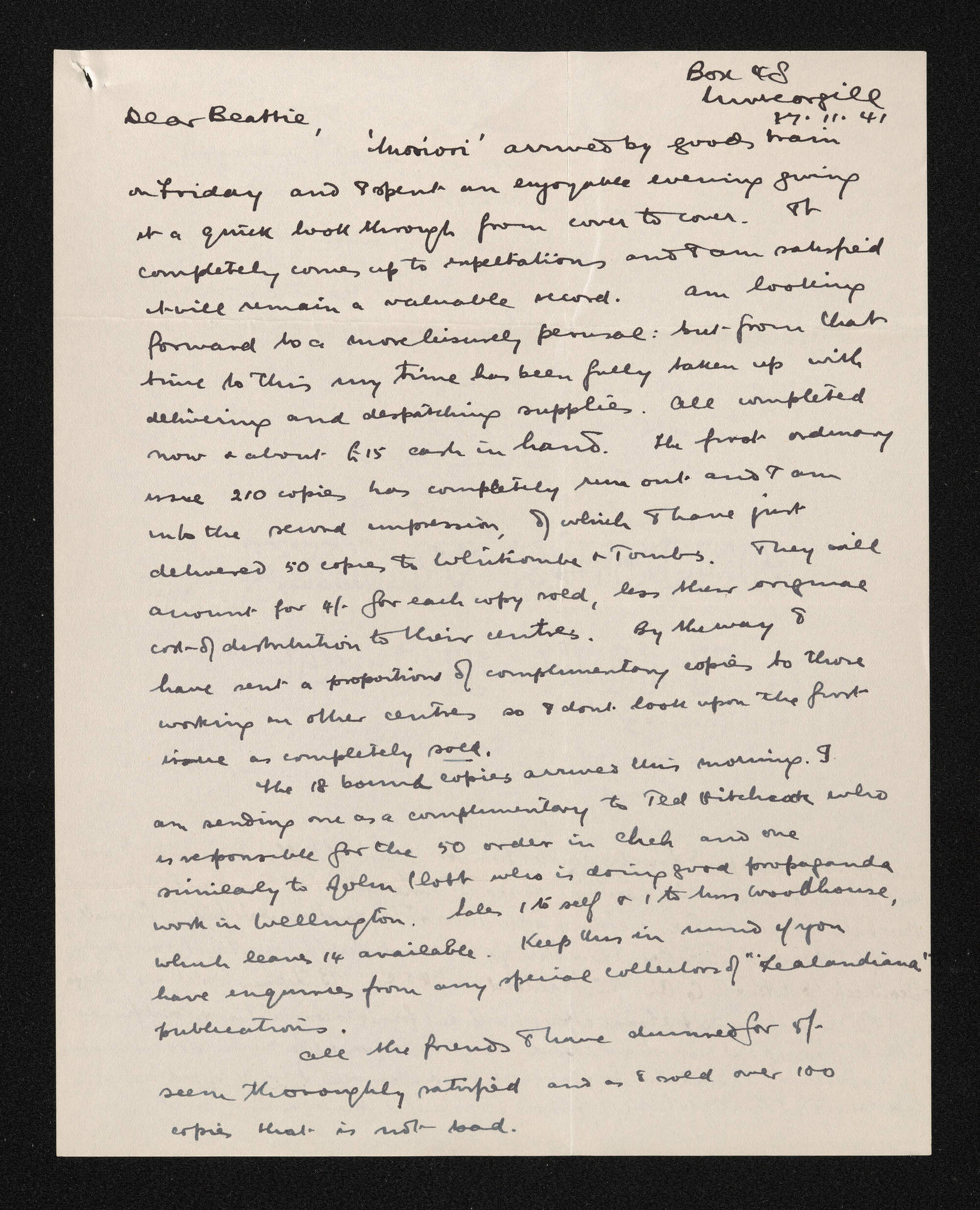 Letter, [27] November 1941, from Fred Hall-Jones, to Herries Beattie