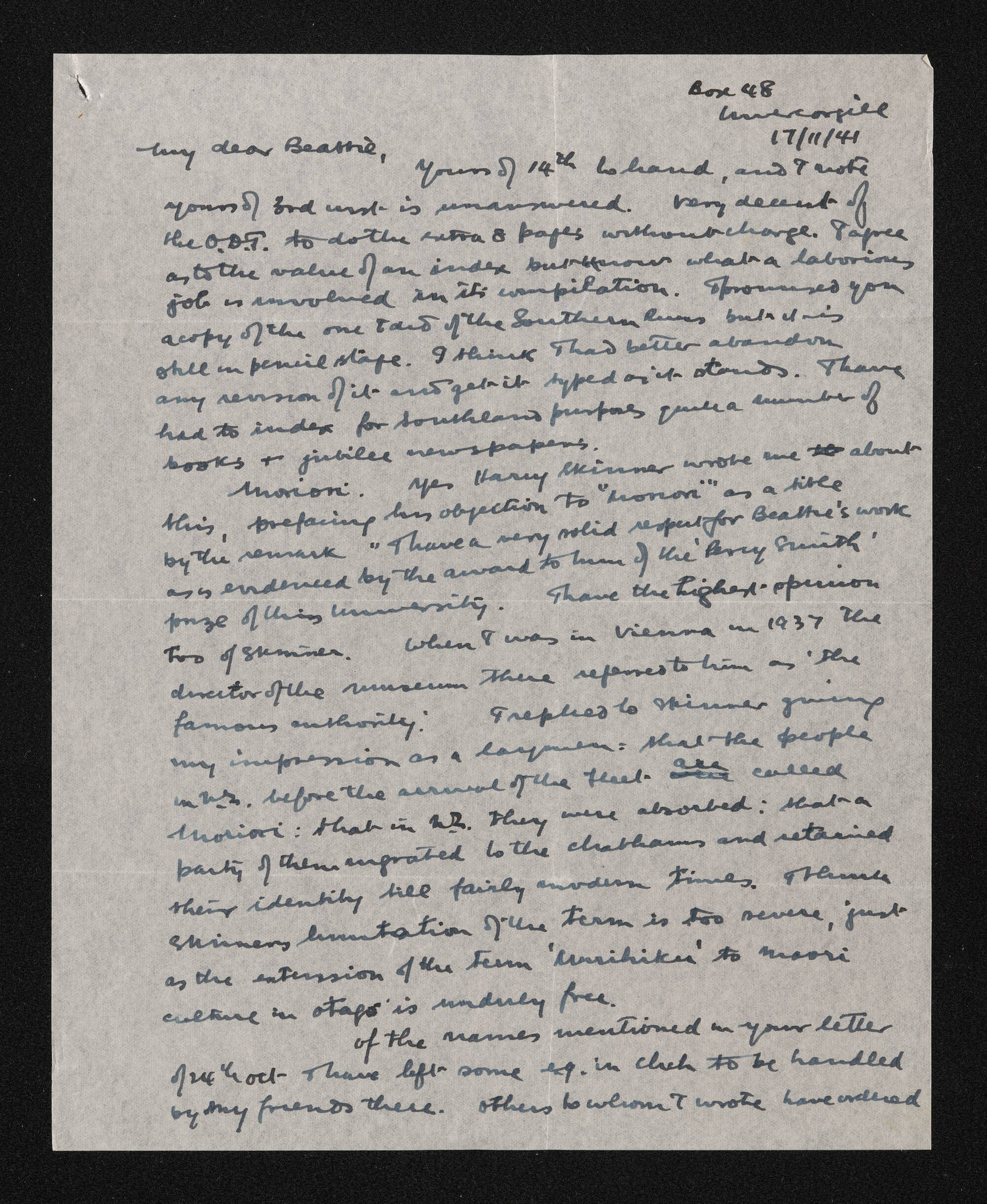 Letter, 17 November 1941, from Fred Hall-Jones, to Herries Beattie