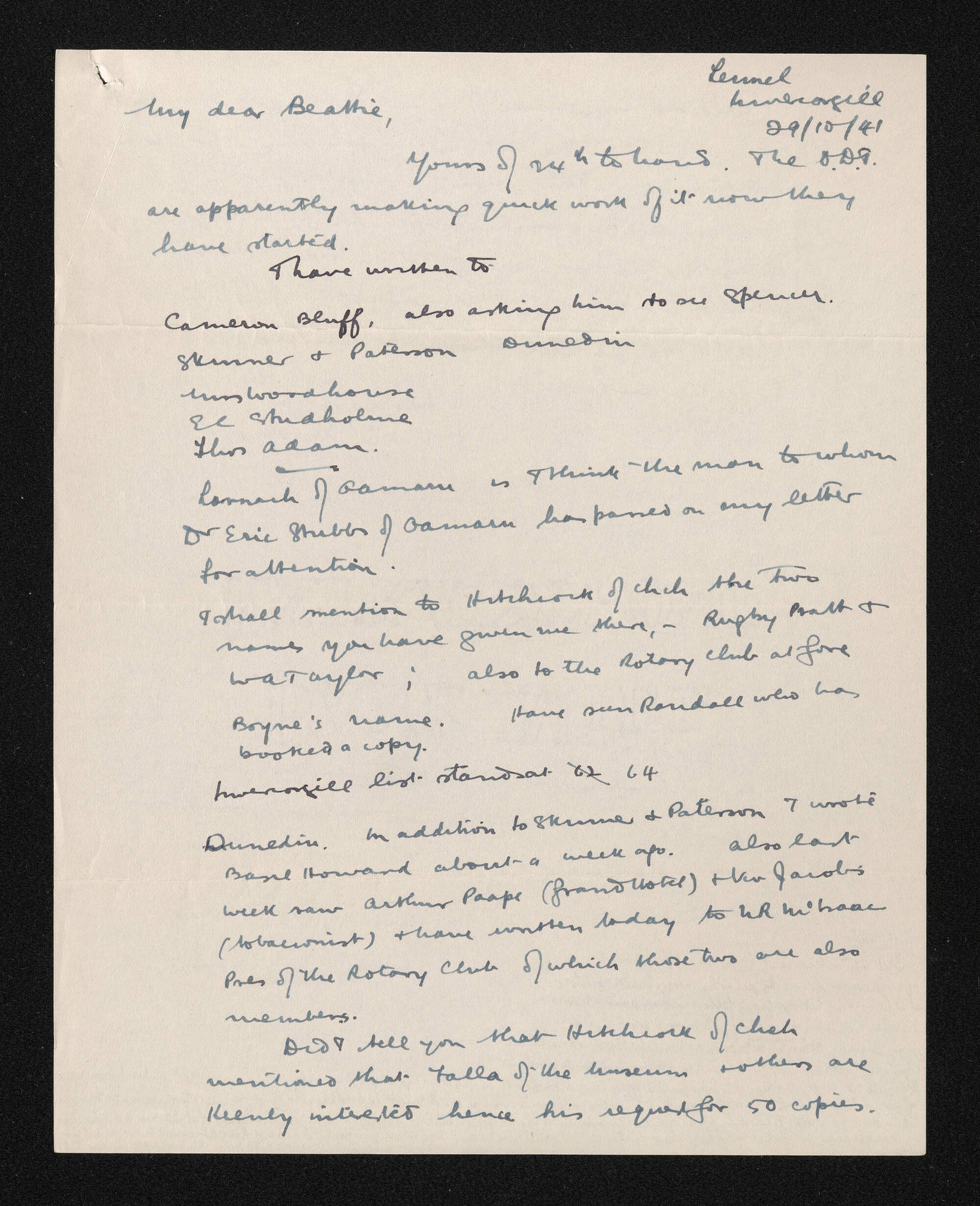 Letter, 29 October 1941, from Fred Hall-Jones to Herries Beattie, includes information on 'The Morioris of the South Island' by Herries Beattie