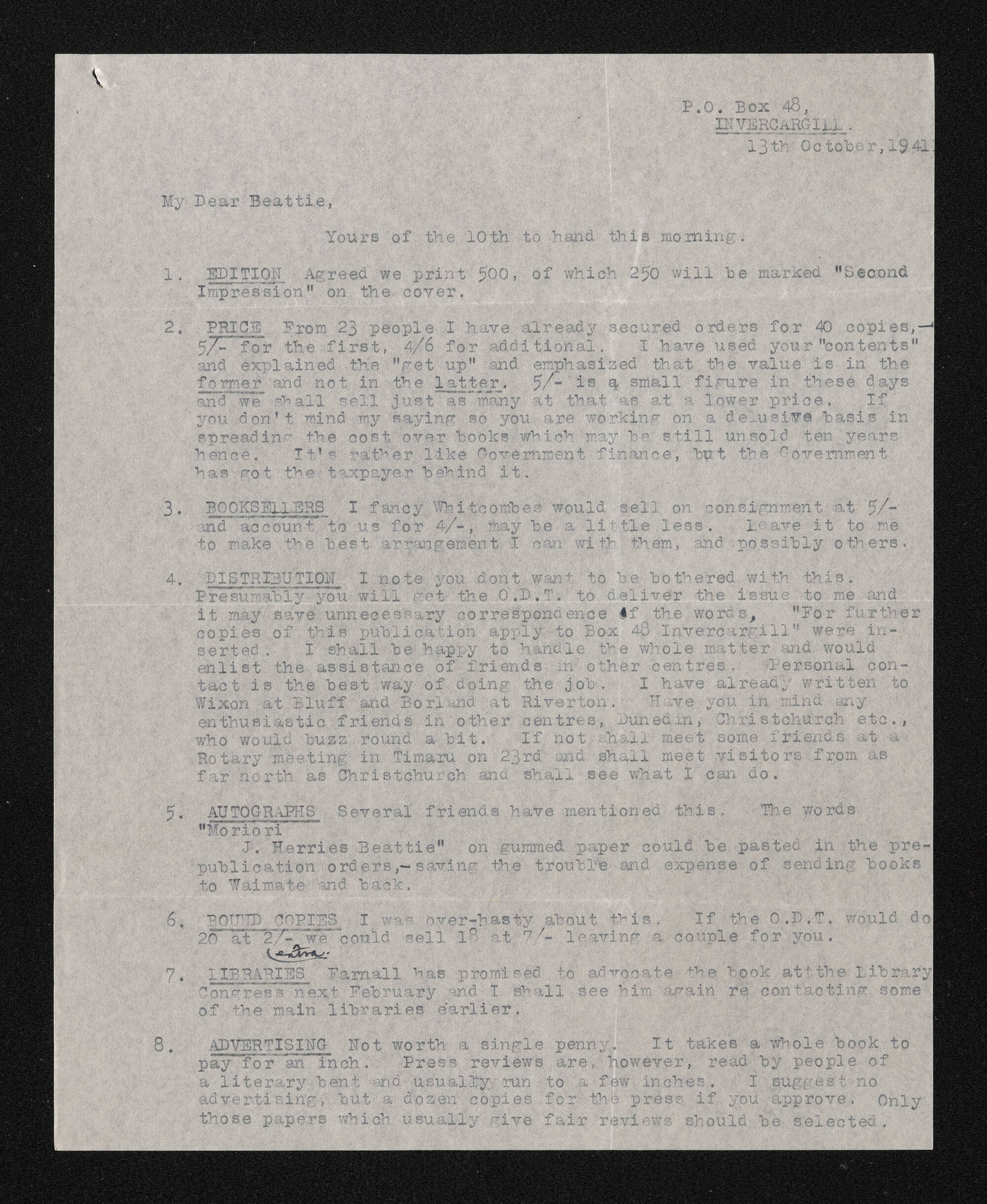 Letter, 13 October 1941, from Fred Hall-Jones to Herries Beattie