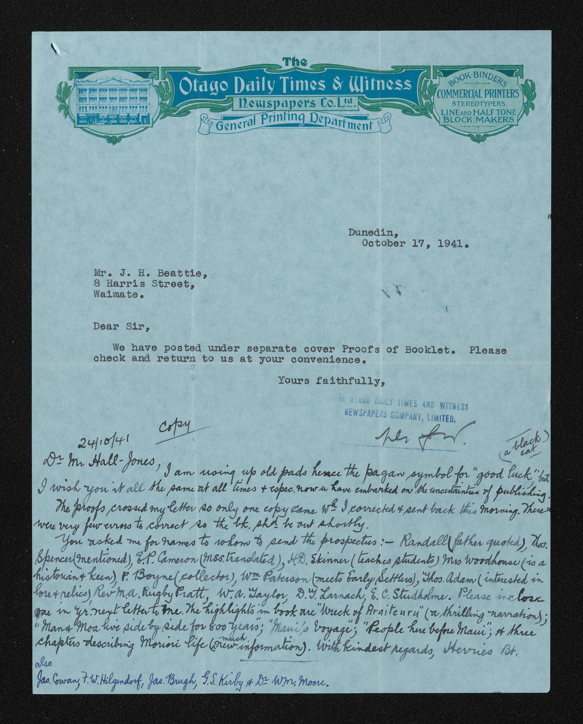 Letter, 17 October 1941, from Otago Daily Times &amp; Witness, to Herries Beattie, includes letter, 24 October 1941 from Herries Beattie, to F.G. Hall Jones