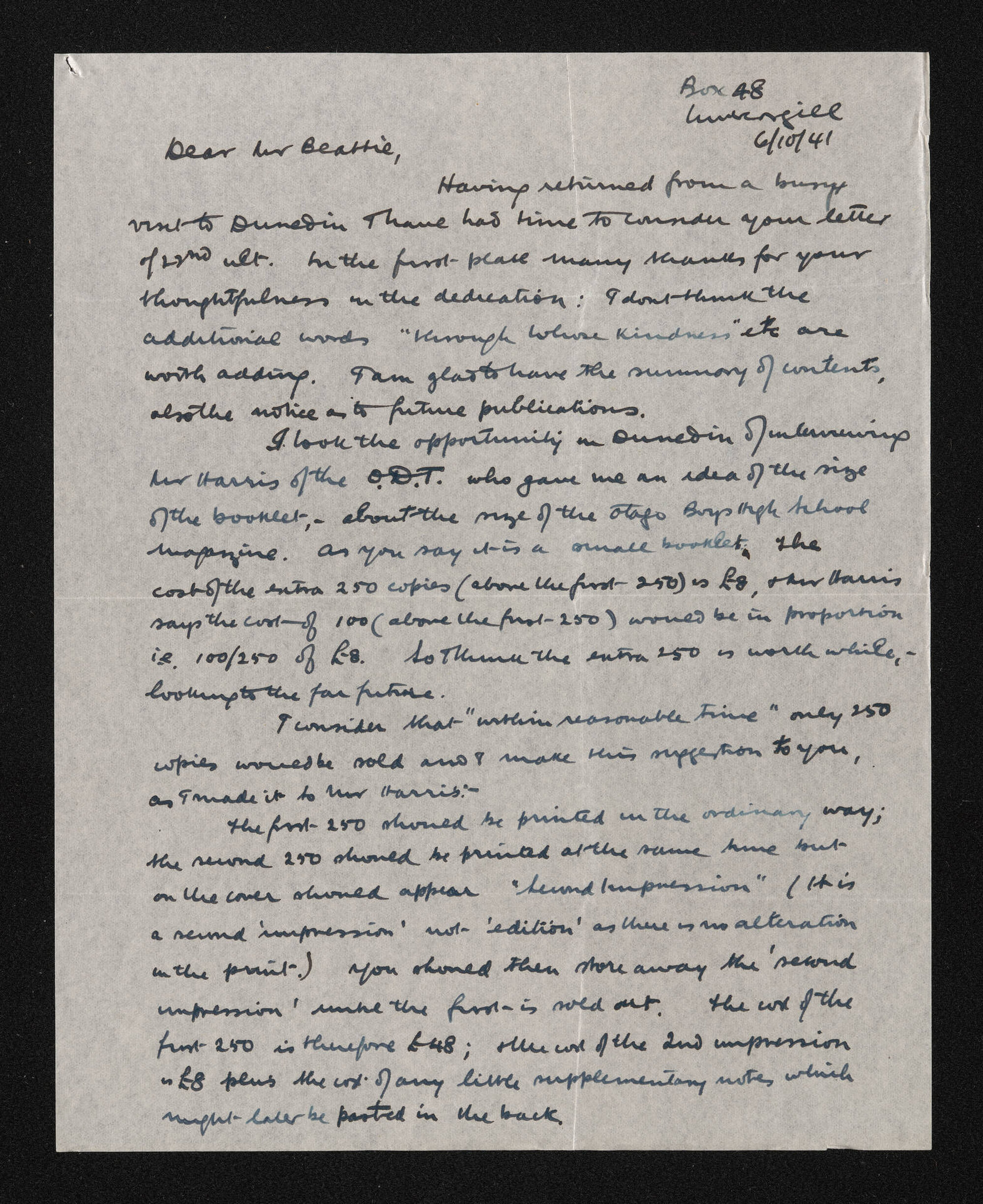 Letter, 6 October 1941, from Fred Hall-Jones to Herries Beattie