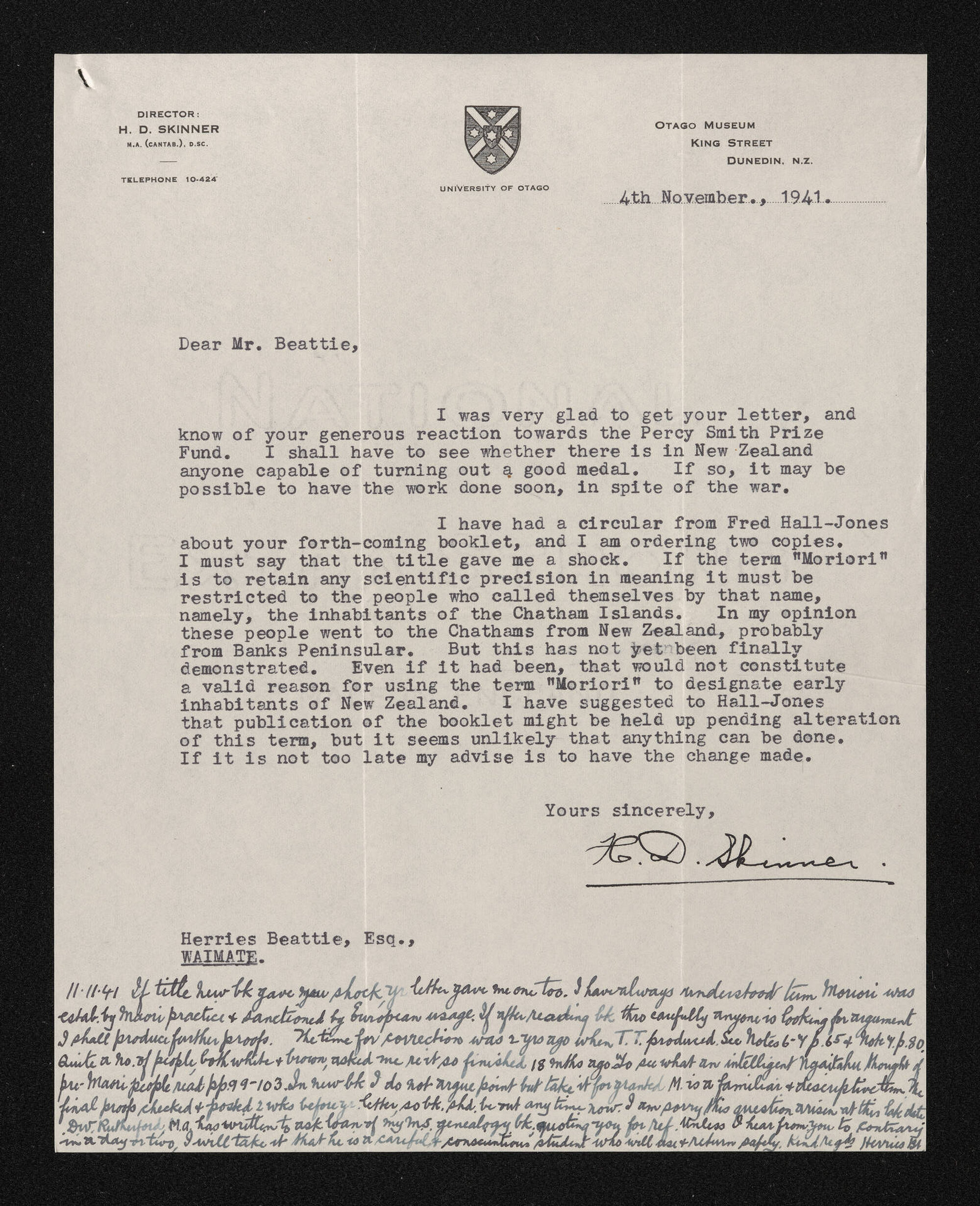 Letter, 4 November 1941, from H.D. Skinner to Herries Beattie