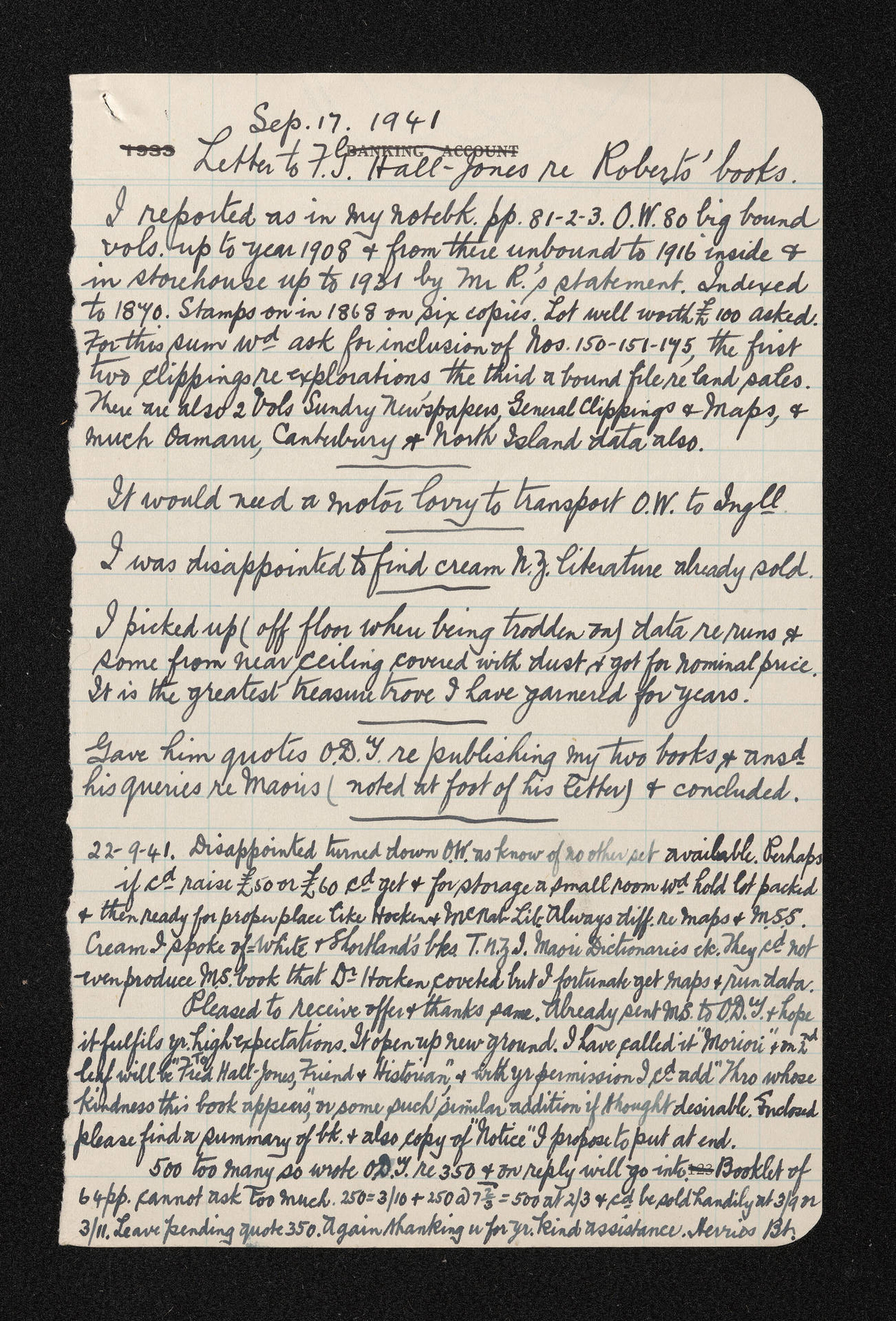 Letter, 17 September 1941, from Herries Beattie to F.G. Hall-Jones