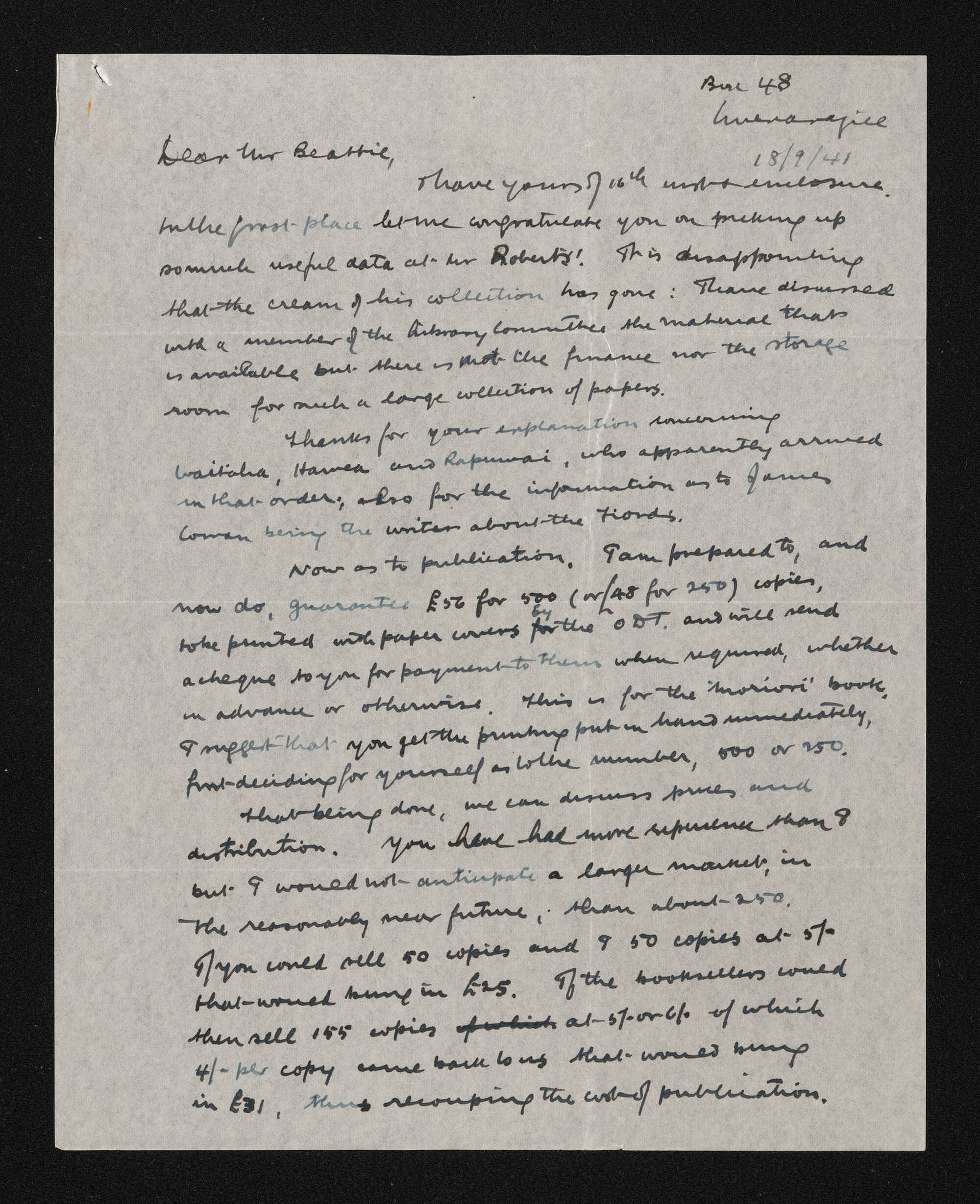 Letter,18 September 1941, from Fred Hall-Jones to Herries Beattie