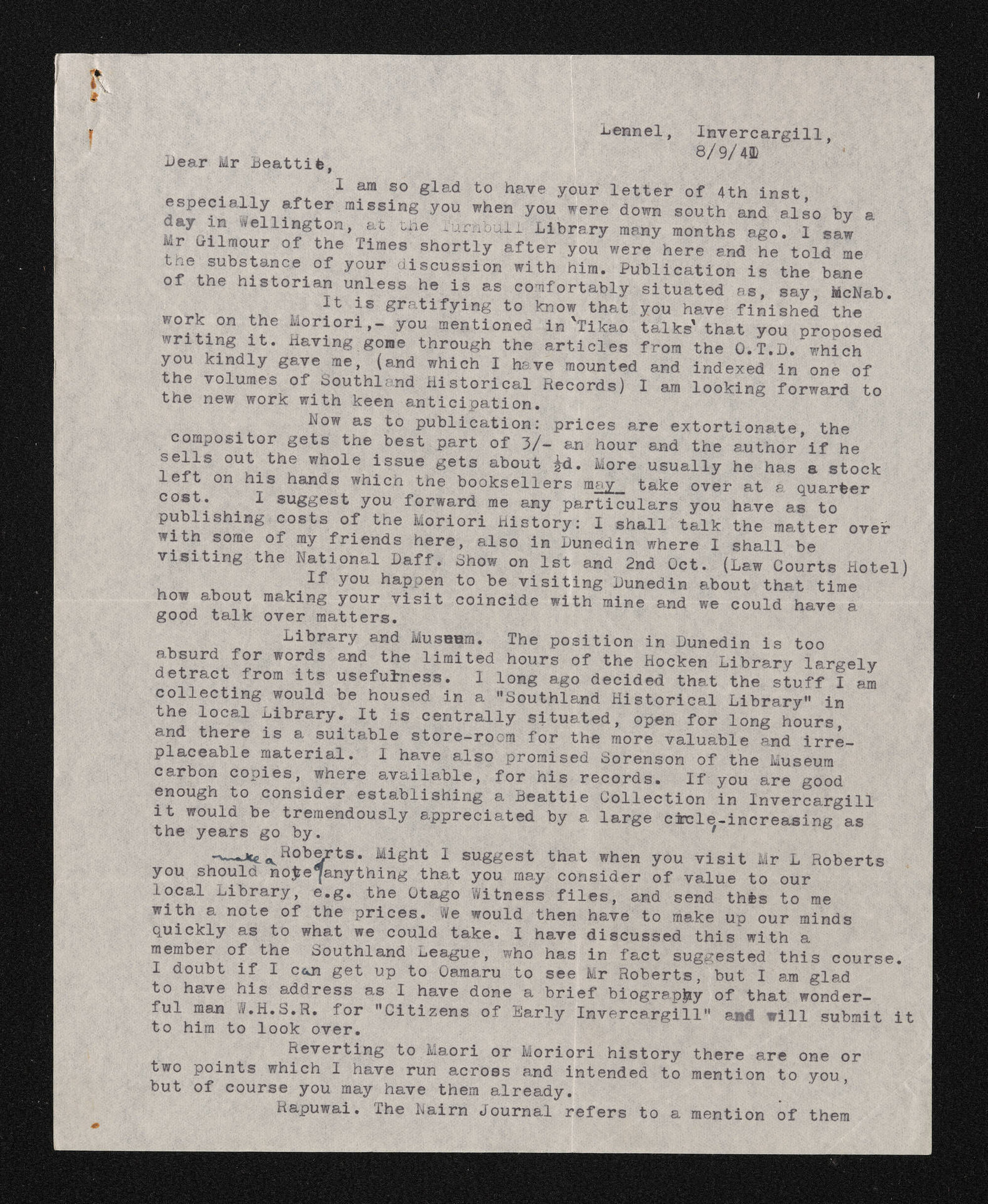 Letter, 8 September 1941, from Fred Hall-Jones to Herries Beattie