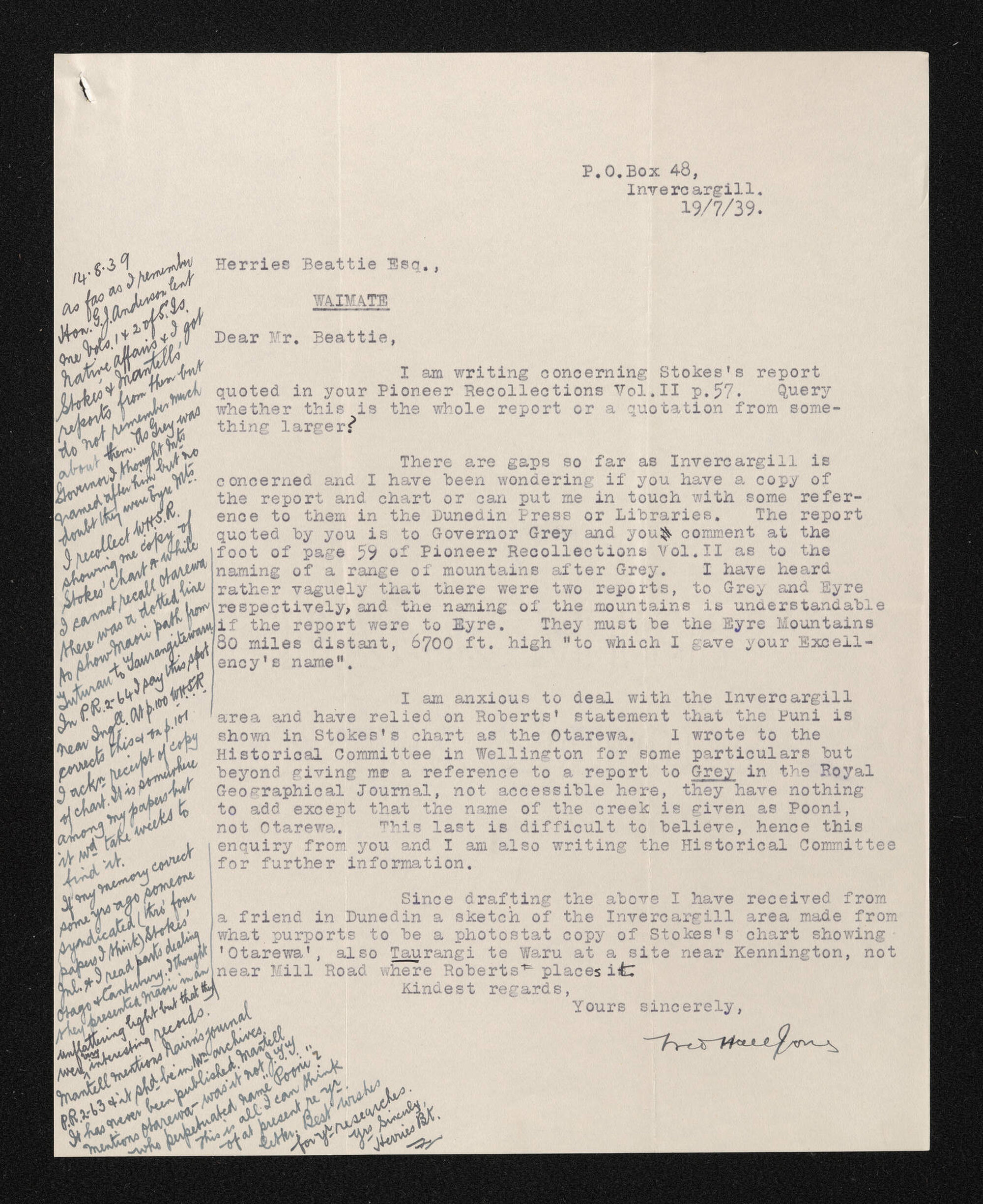 Letter, 19 July 1939, from Fred Hall-Jones, to Herries Beattie