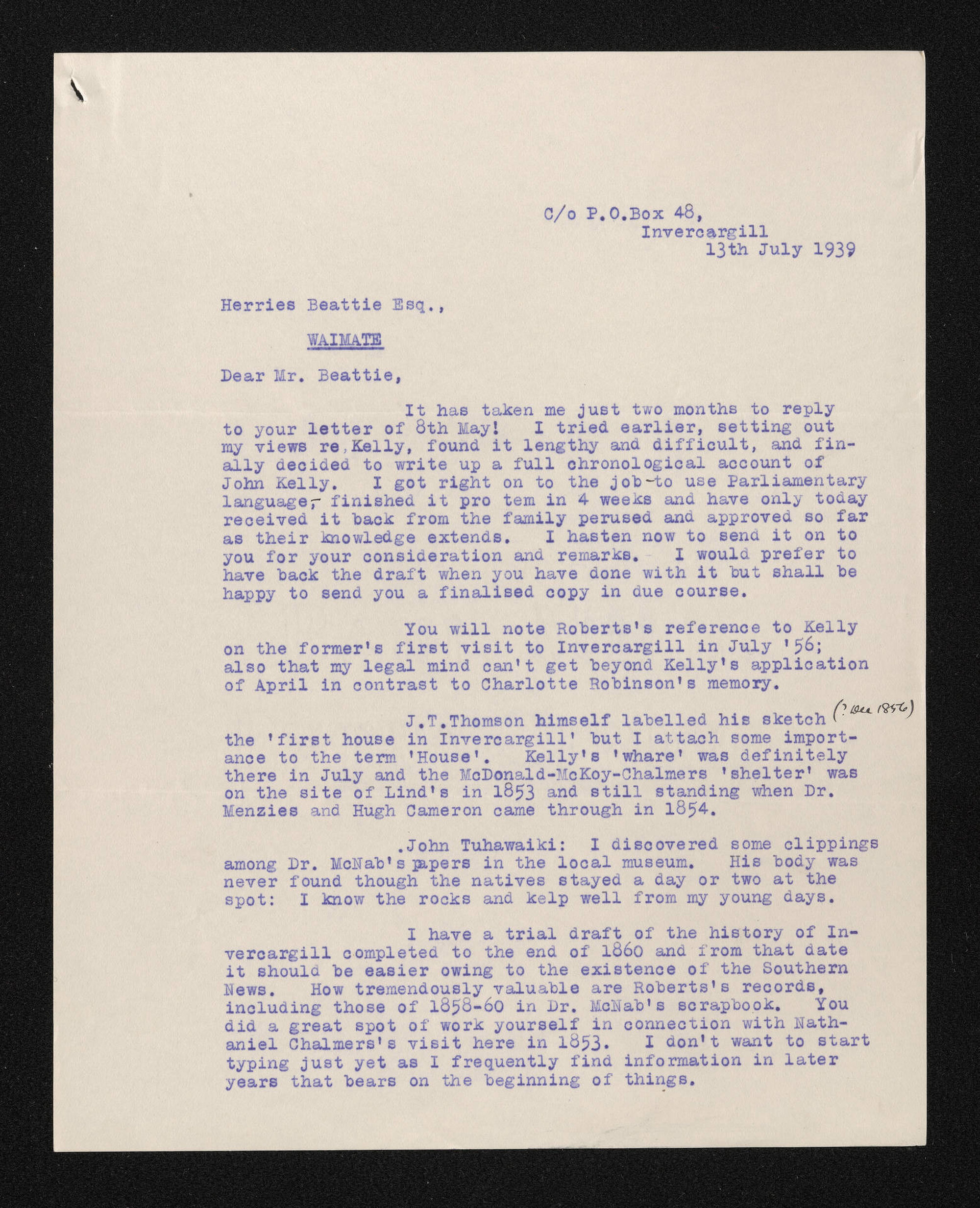 Letter, 13 July 1939, from Fred Hall-Jones, to Herries Beattie
