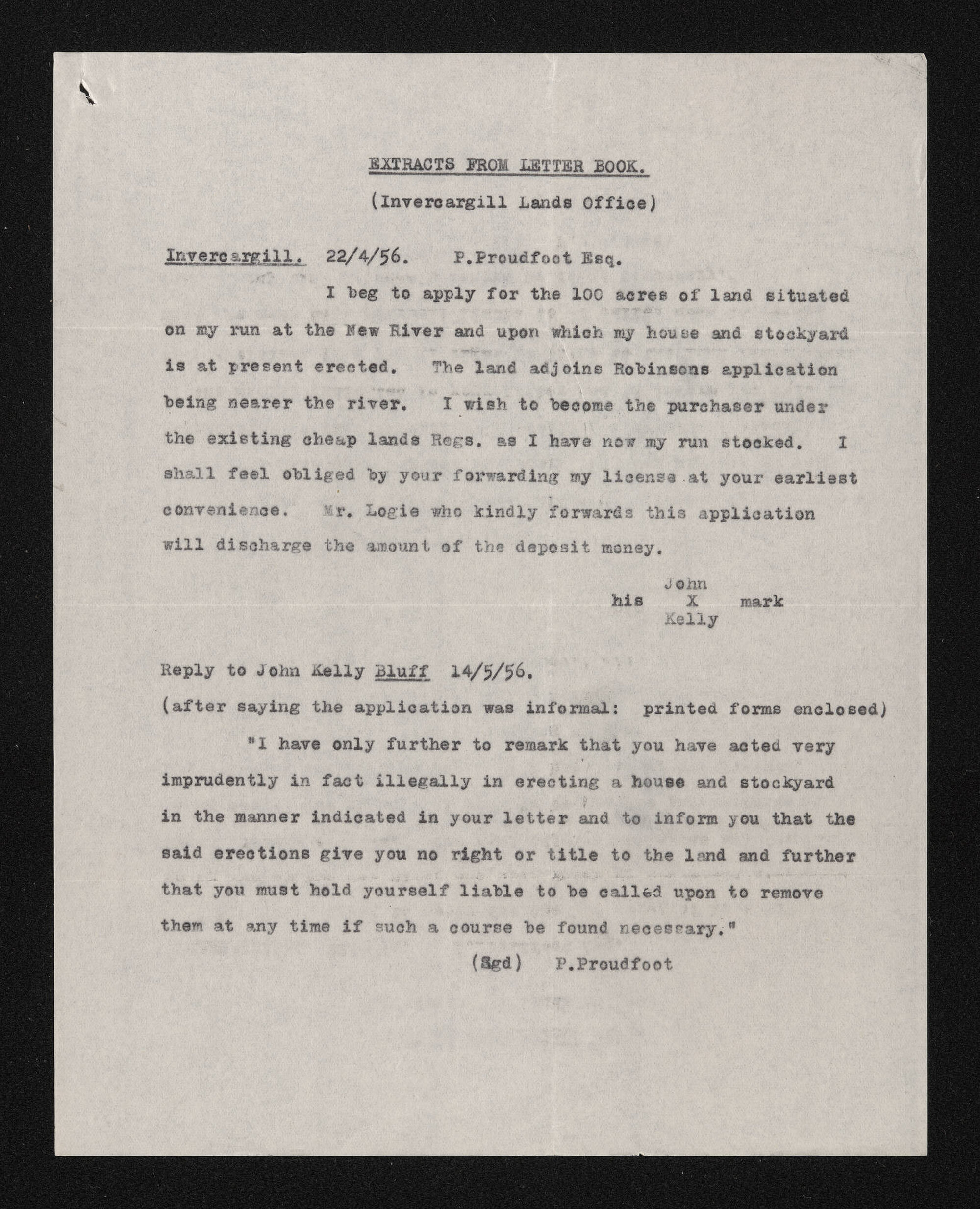 Extracts from letter book, Invercargill Lands Office