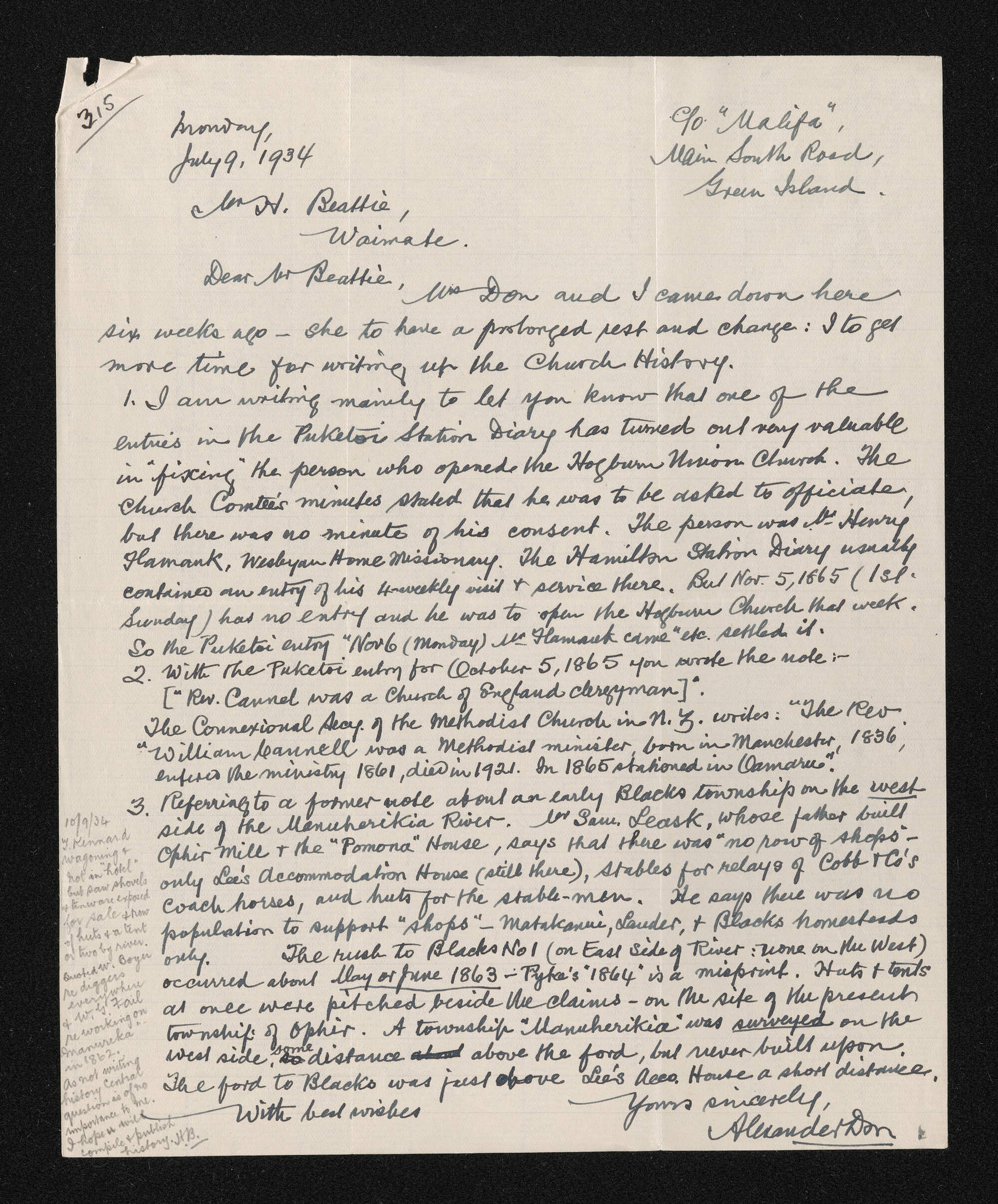 Letter, 9 July 1934, from Alexander Don, to Herries Beattie