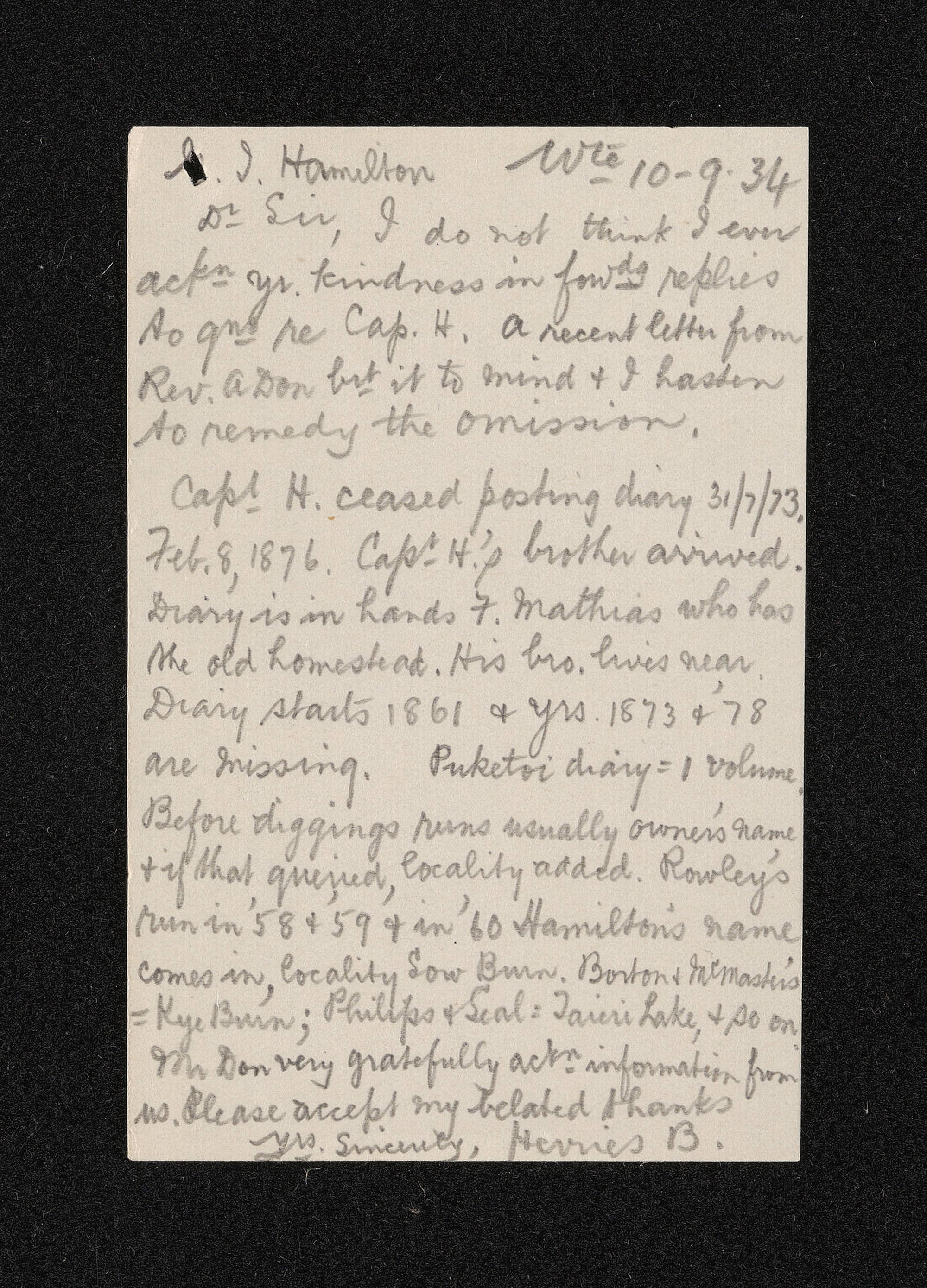 Letter [copy], 10 September 1934, from Herries Beattie, to George Hamilton