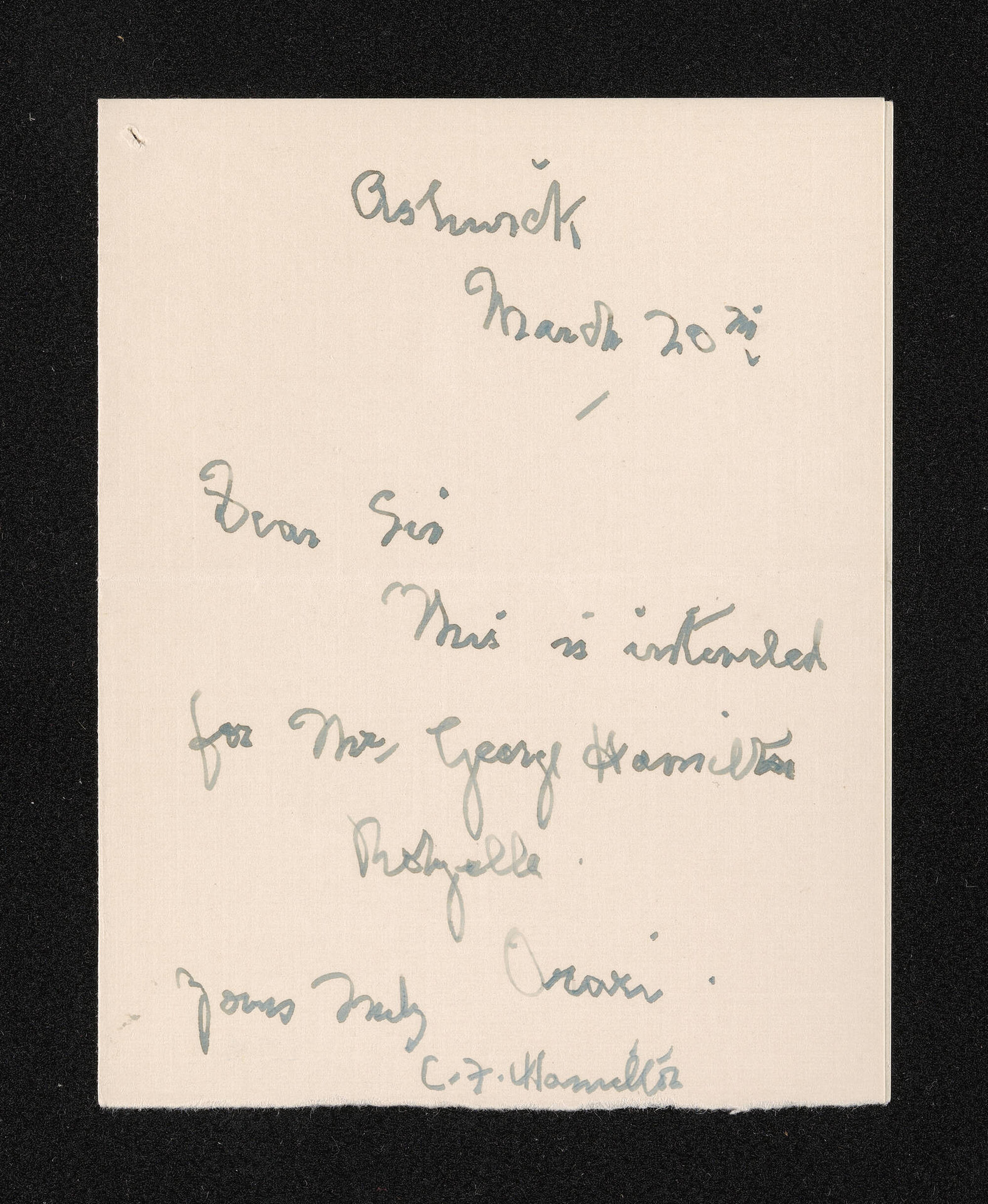 Note, 20 March [1934], from Charles Feilden Hamilton, to Herries Beattie