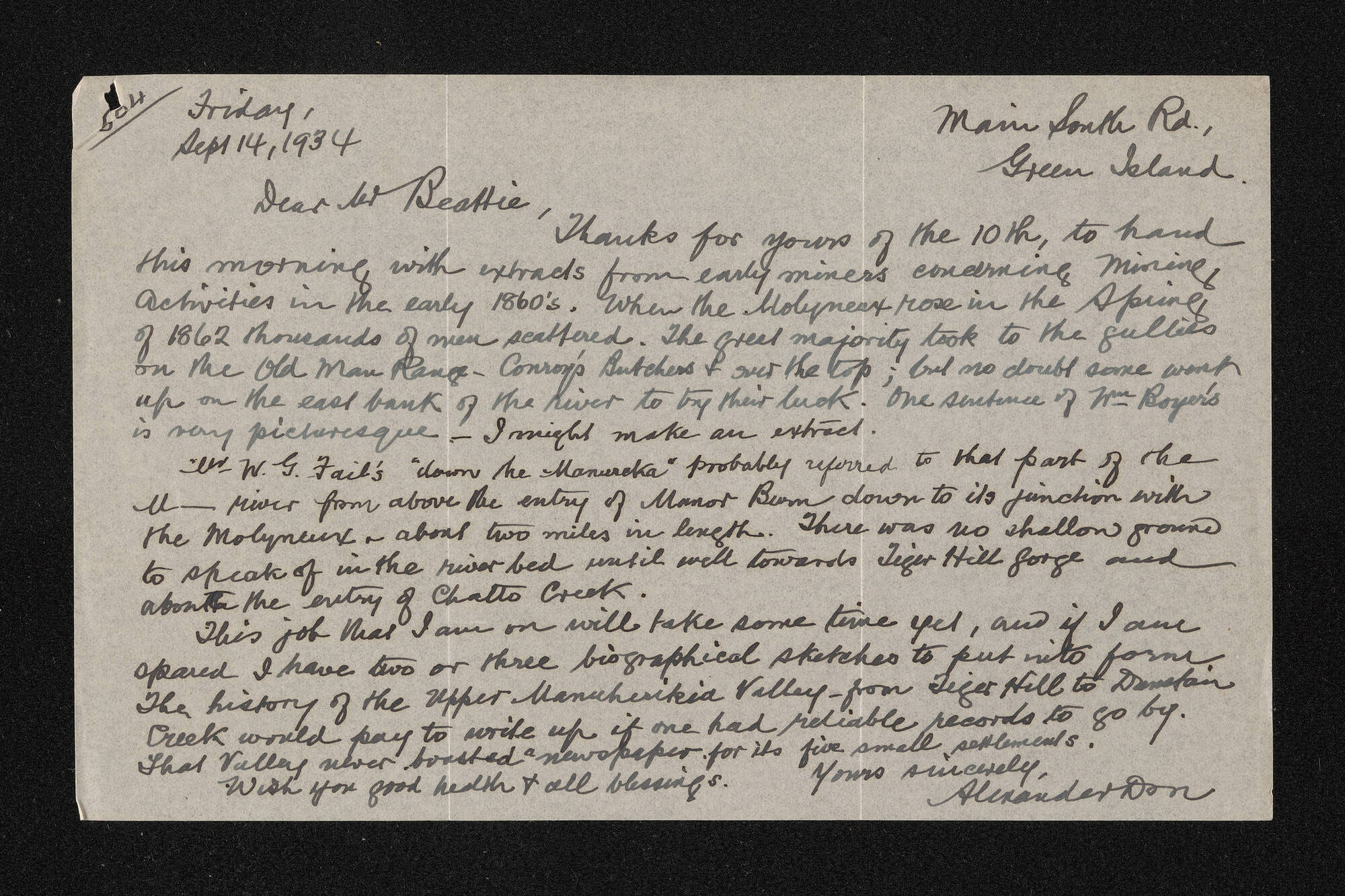 Letter, 14 September 1934, from Alexander Don, to Herries Beattie