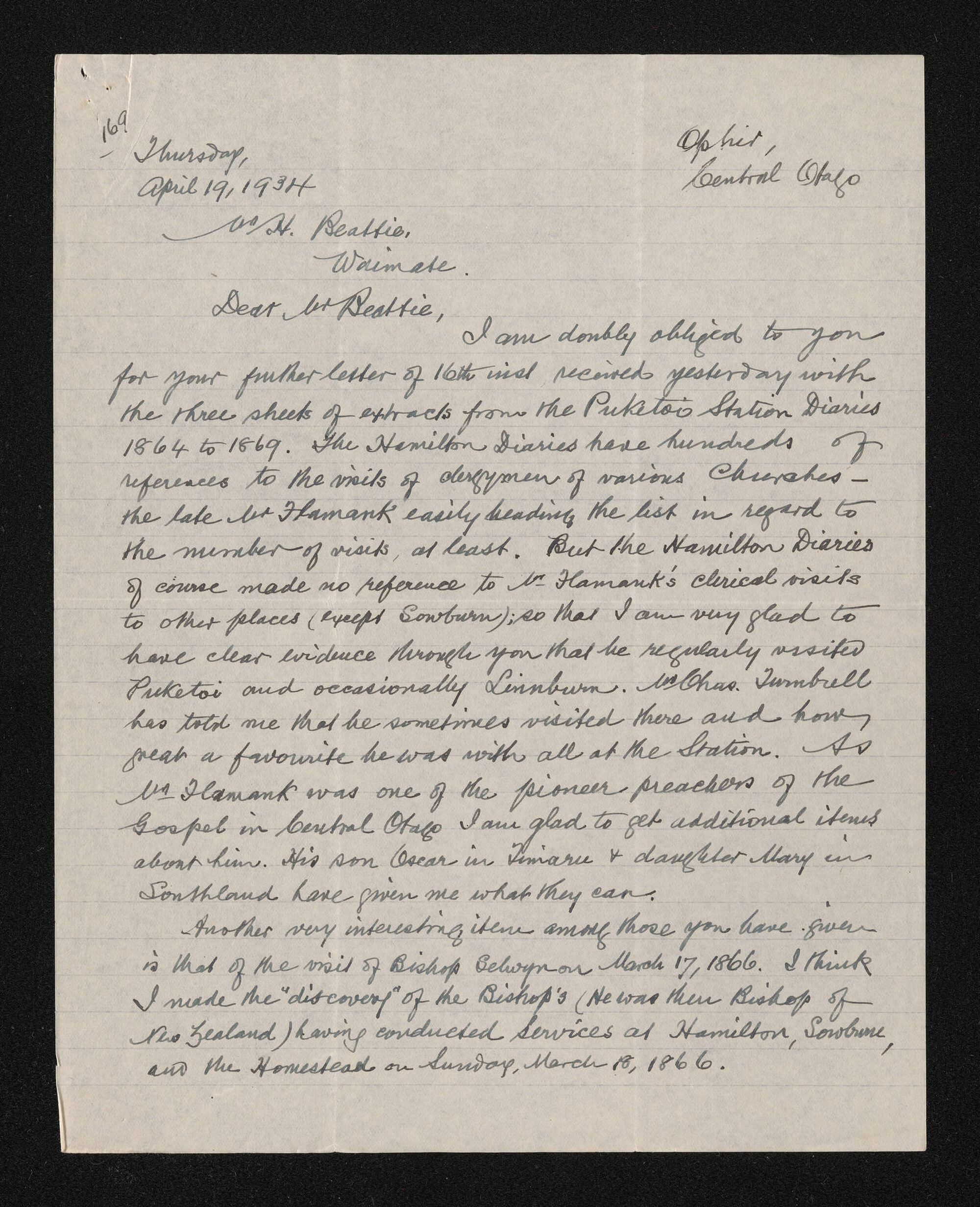 Letter, 19 April 1934, from Alexander Don, to Herries Beattie