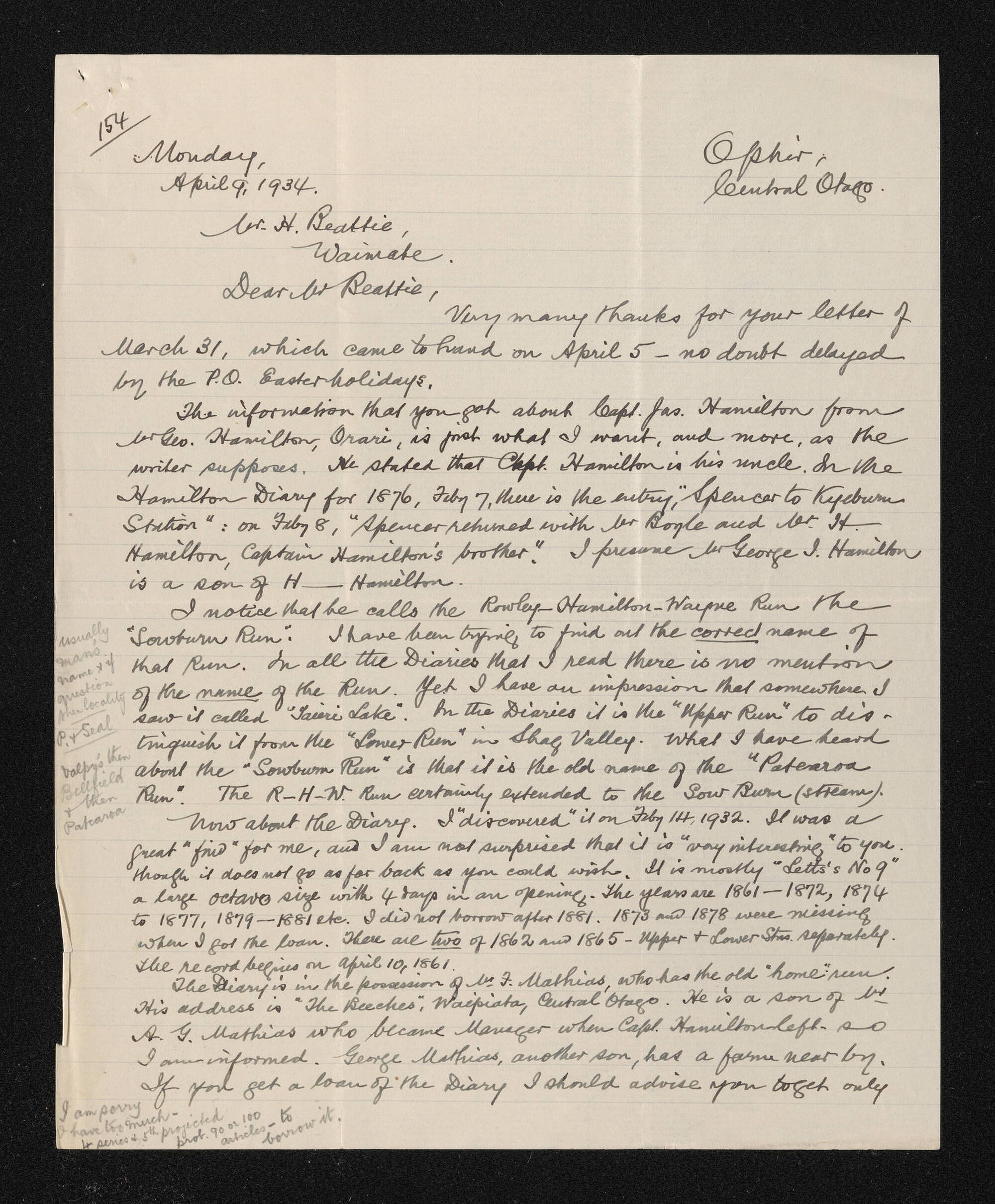 Letter, 9 April 1934, from Alexander Don, to Herries Beattie