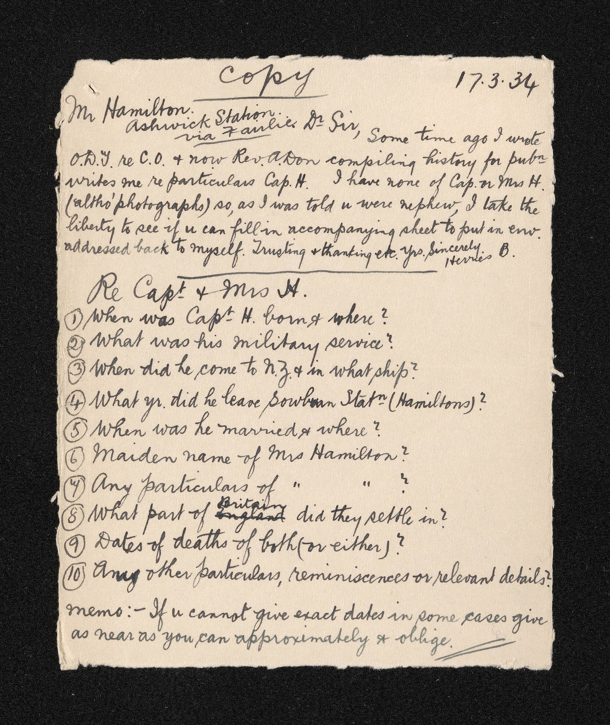 Letter [copy], 17 March 1934, from Herries Beattie, to [George] Hamilton