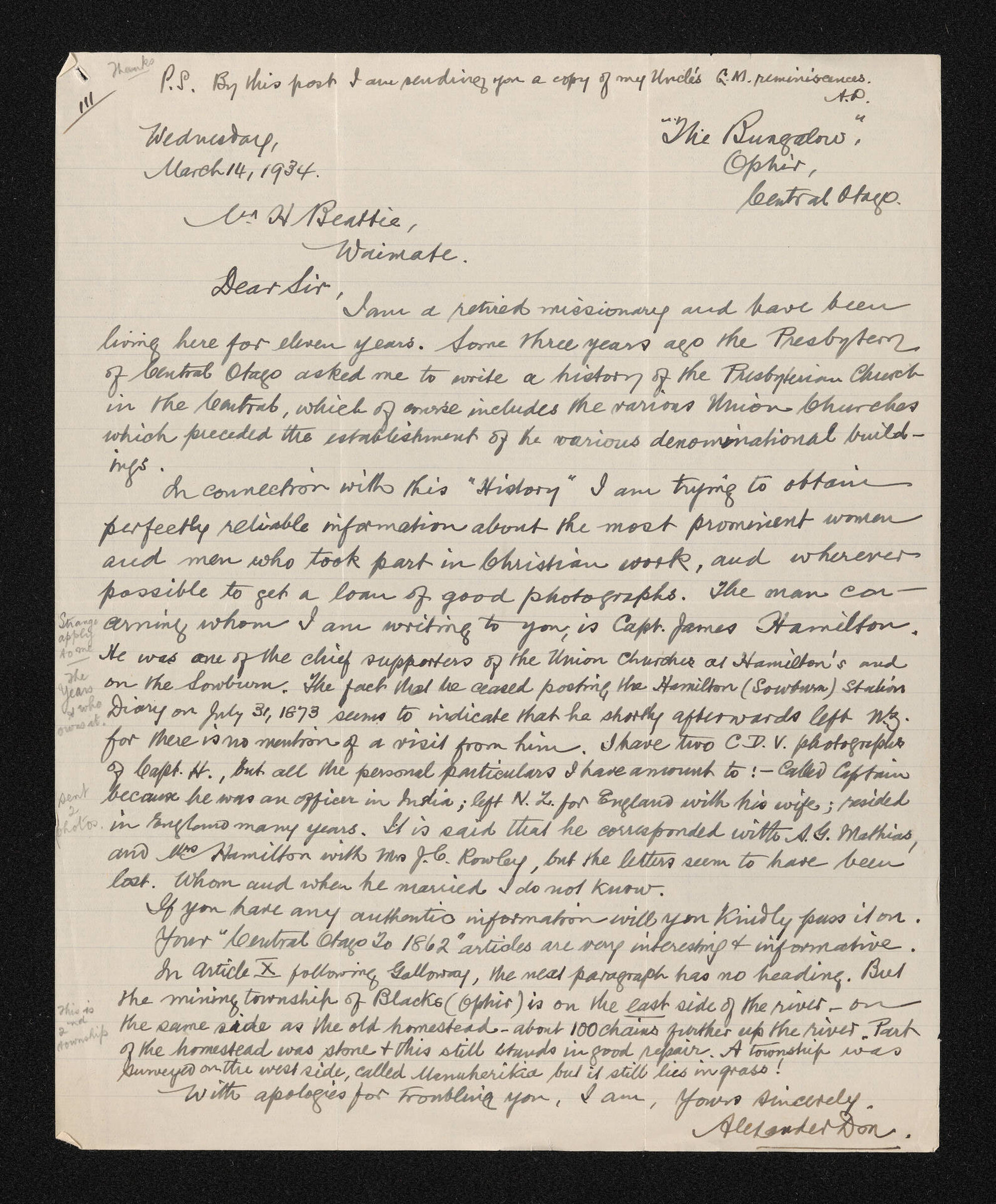 Letter, 14 March 1934, from Alexander Don, to Herries Beattie