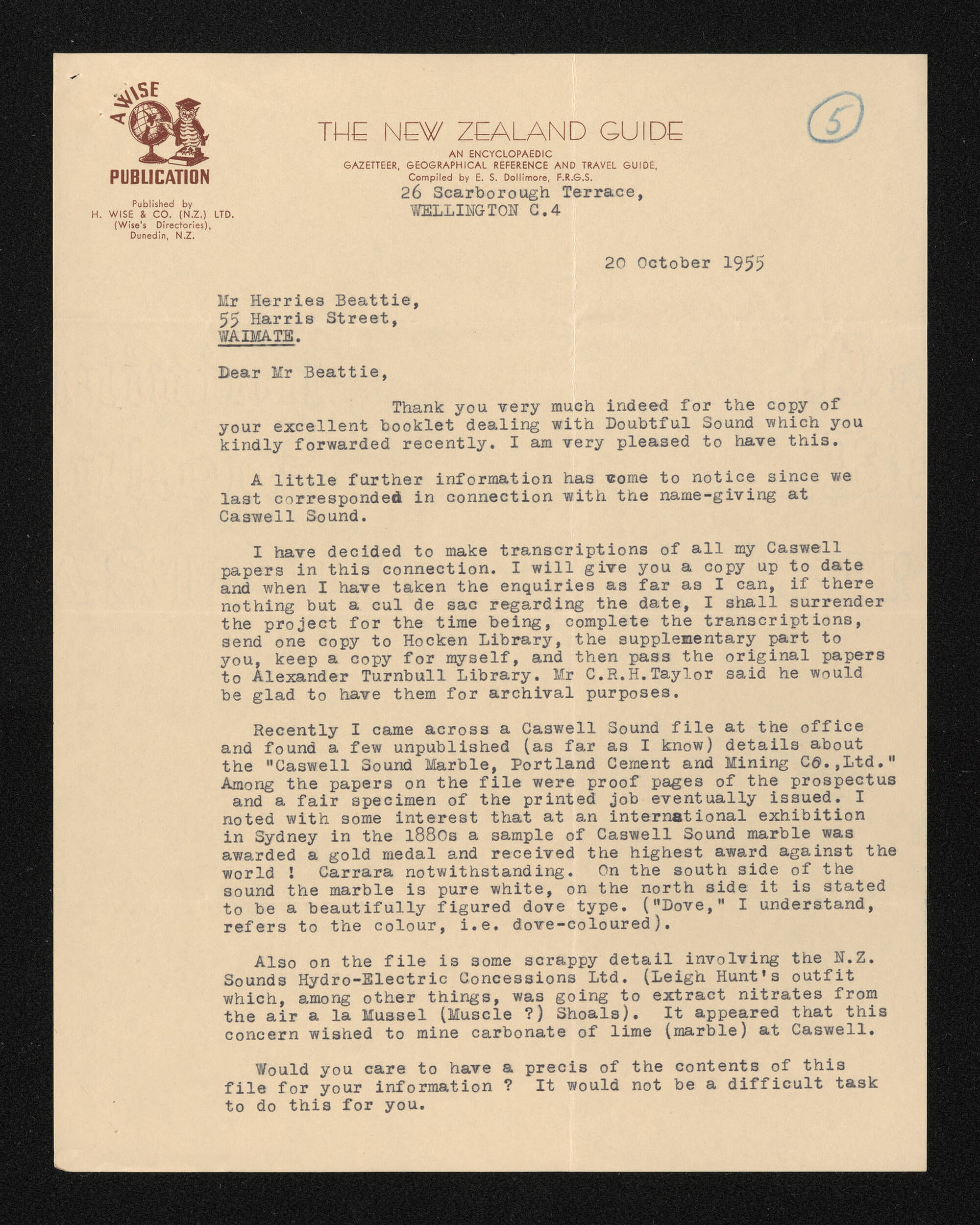 Letter, 20 October 1955, from E.S. Dollimore, to Herries Beattie