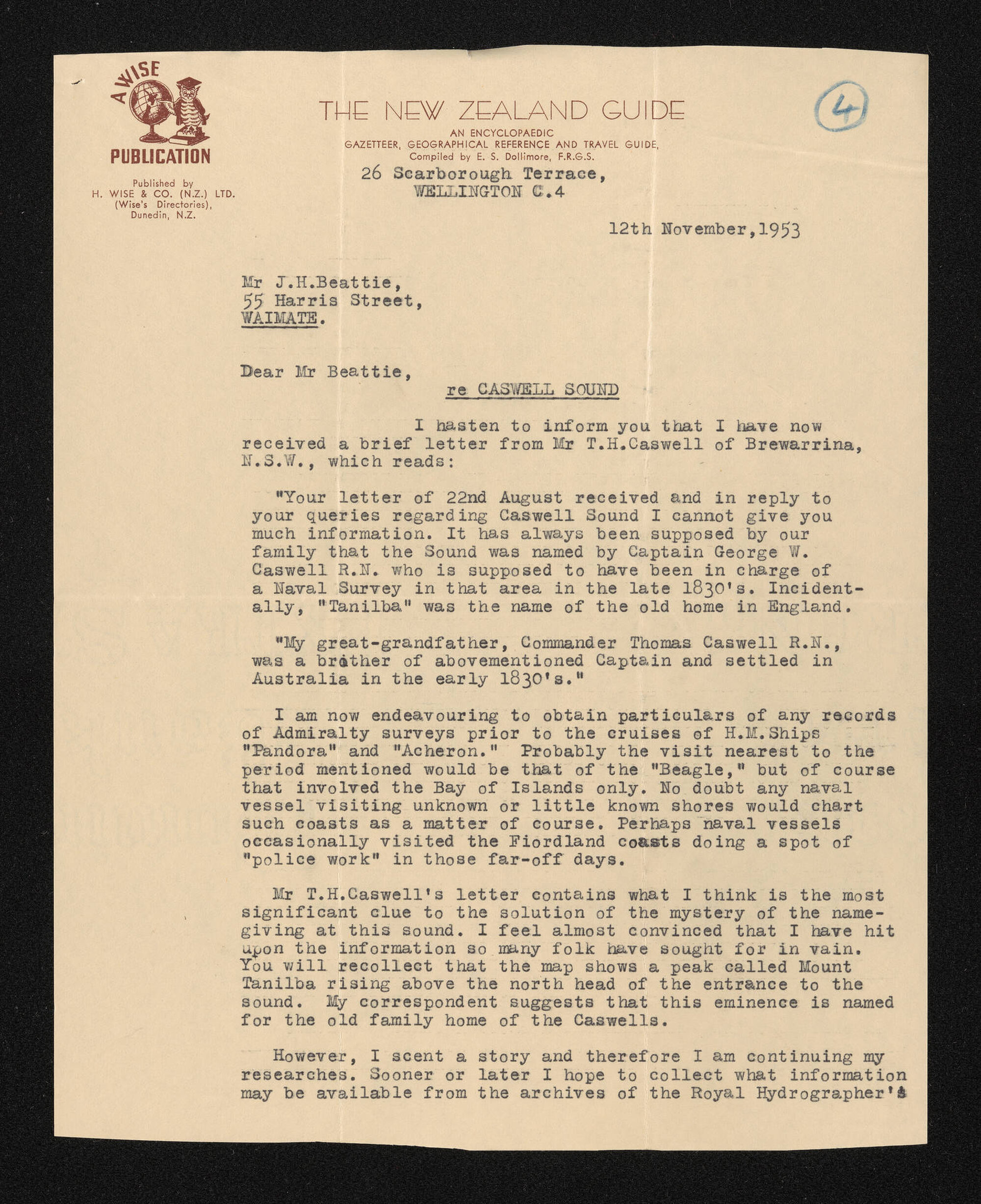 Letter, 12 November 1953, from E.S. Dollimore, to Herries Beattie