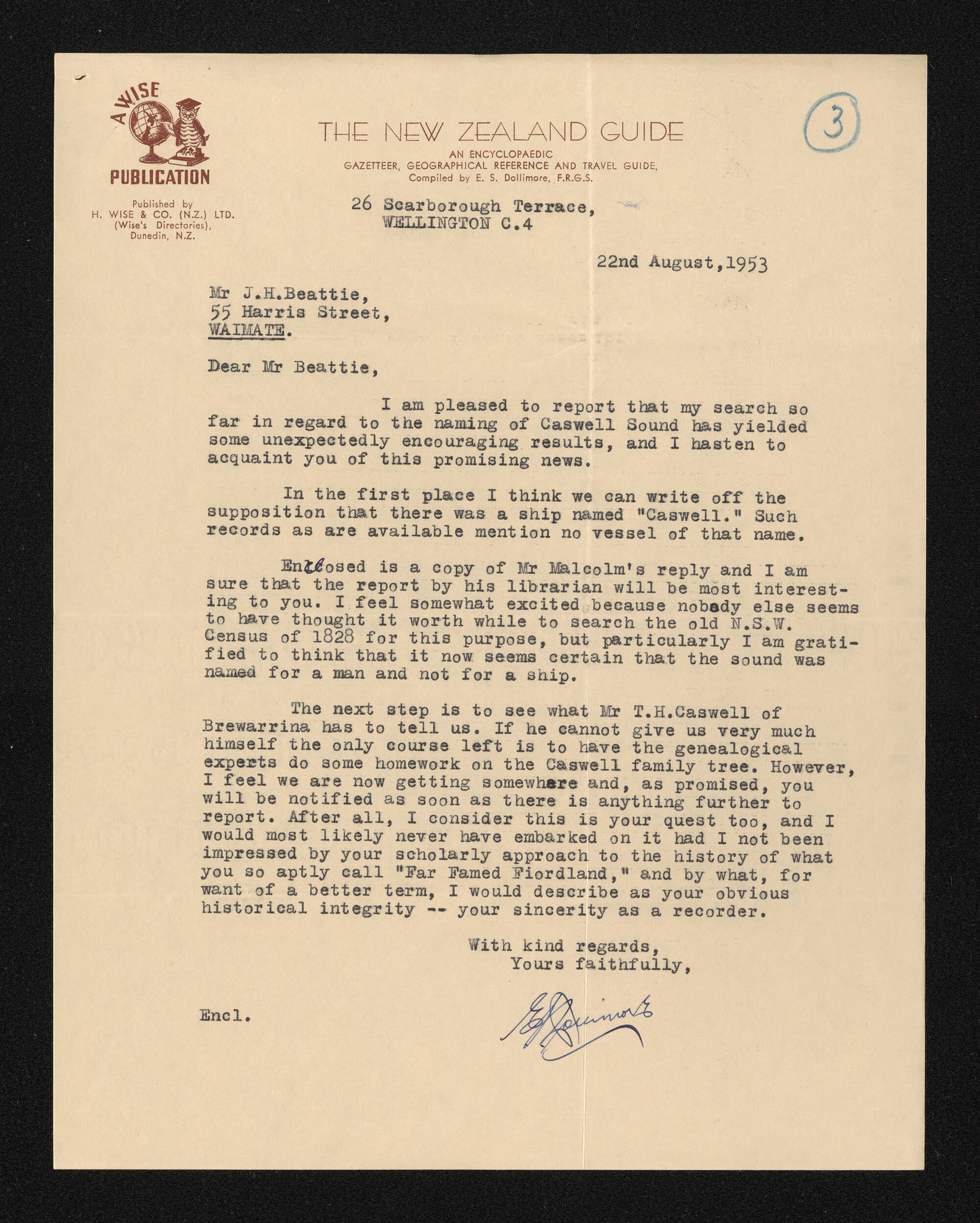 Letter, 22 August 1953, from E.S. Dollimore, to Herries Beattie, enclosing a copy of a letter from J.A. Malcolm and search notes from Pauline Cross regarding William Caswell