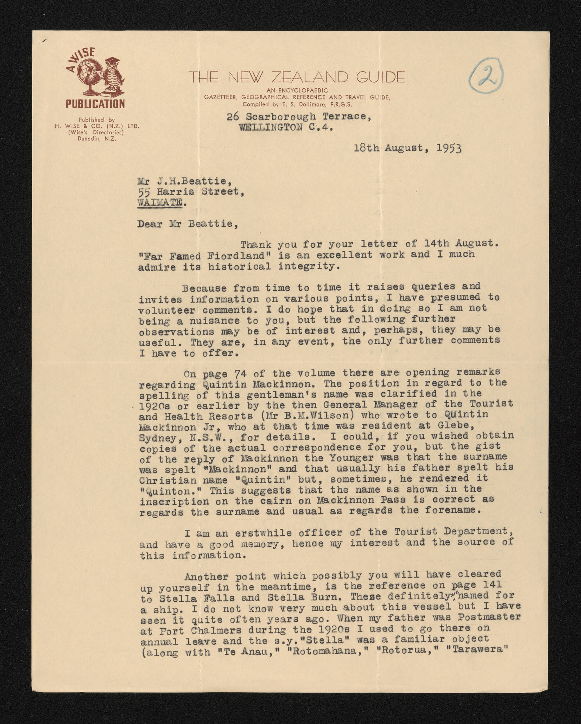 Letter, 18 August 1953, from E.S. Dollimore, to Herries Beattie