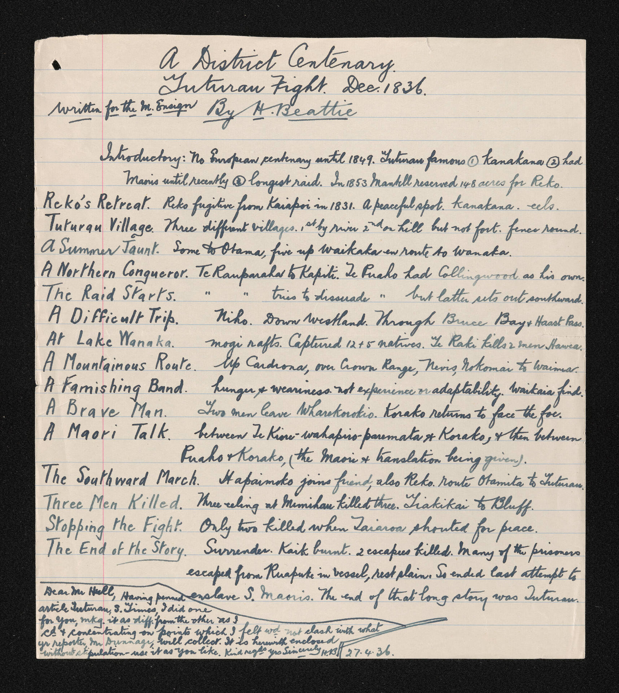 Synopsis of article written by Herries Beattie for the Mataura Ensign entitled 'A district centenary : Tuturau fight, Dec 1836'