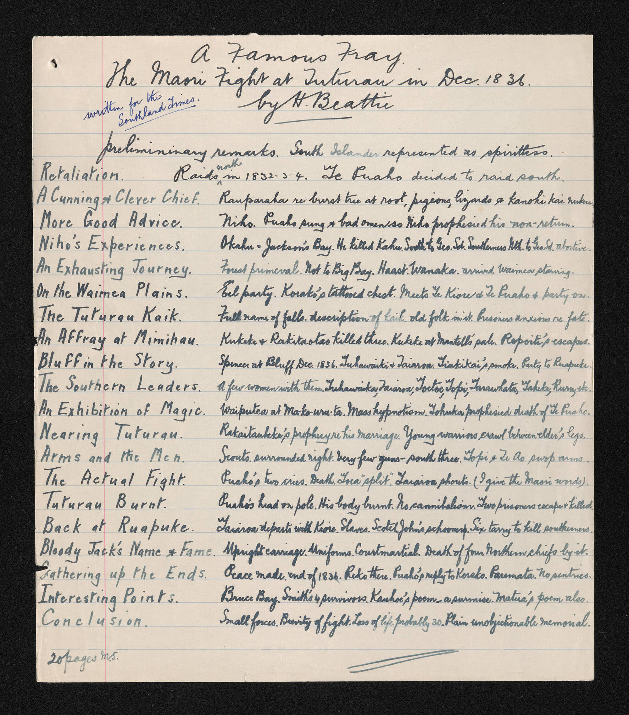Synopsis of article written by Herries Beattie for the Southland Times entitled 'A famous fray : the Māori fight at Tuturau in Dec 1836'