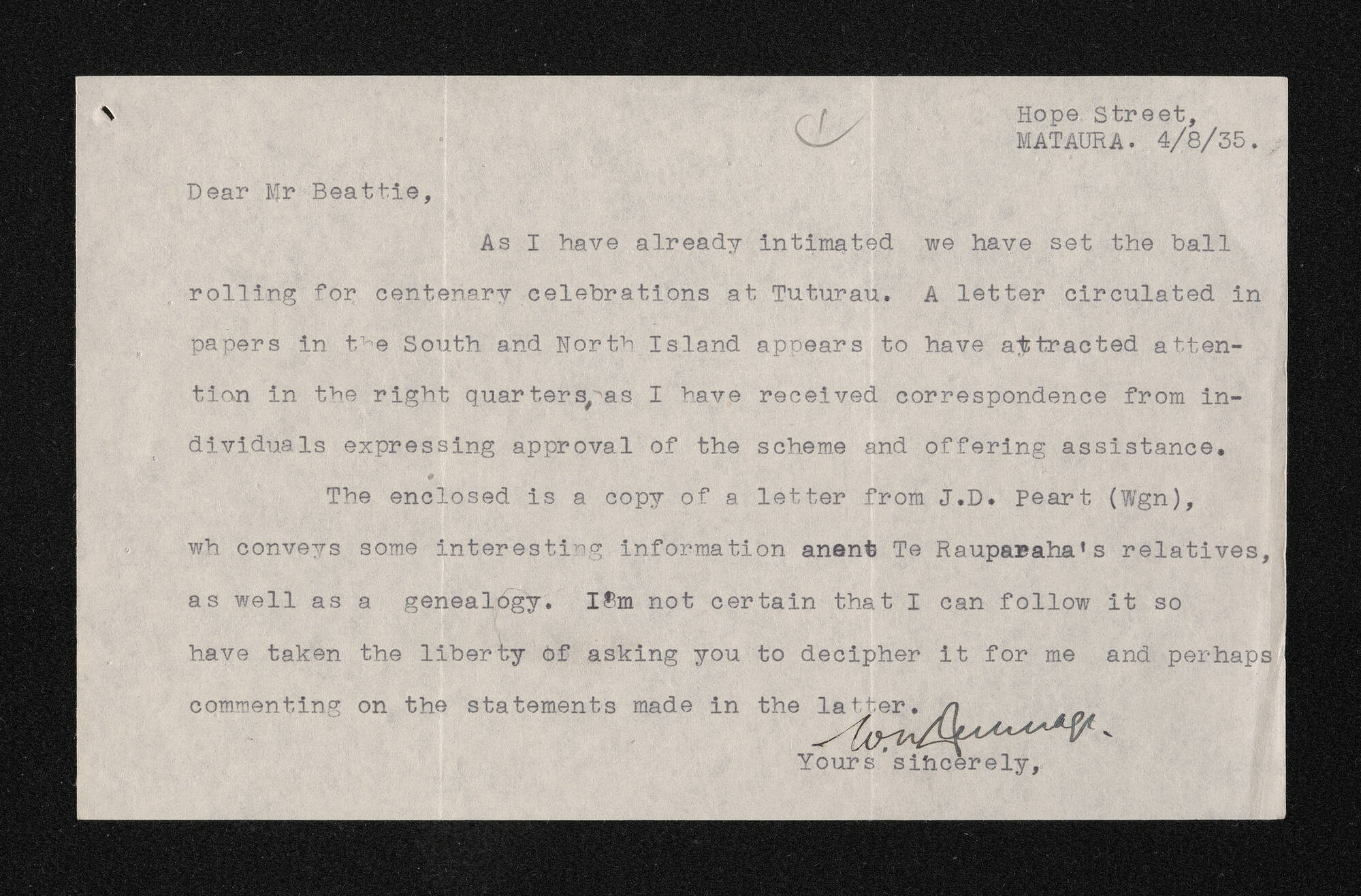 Letter, 4 August 1935, from W.N. Dunnage, to Herries Beattie, enclosing a letter from J.D. Peart relating to Te Rauparaha and Te Puoho