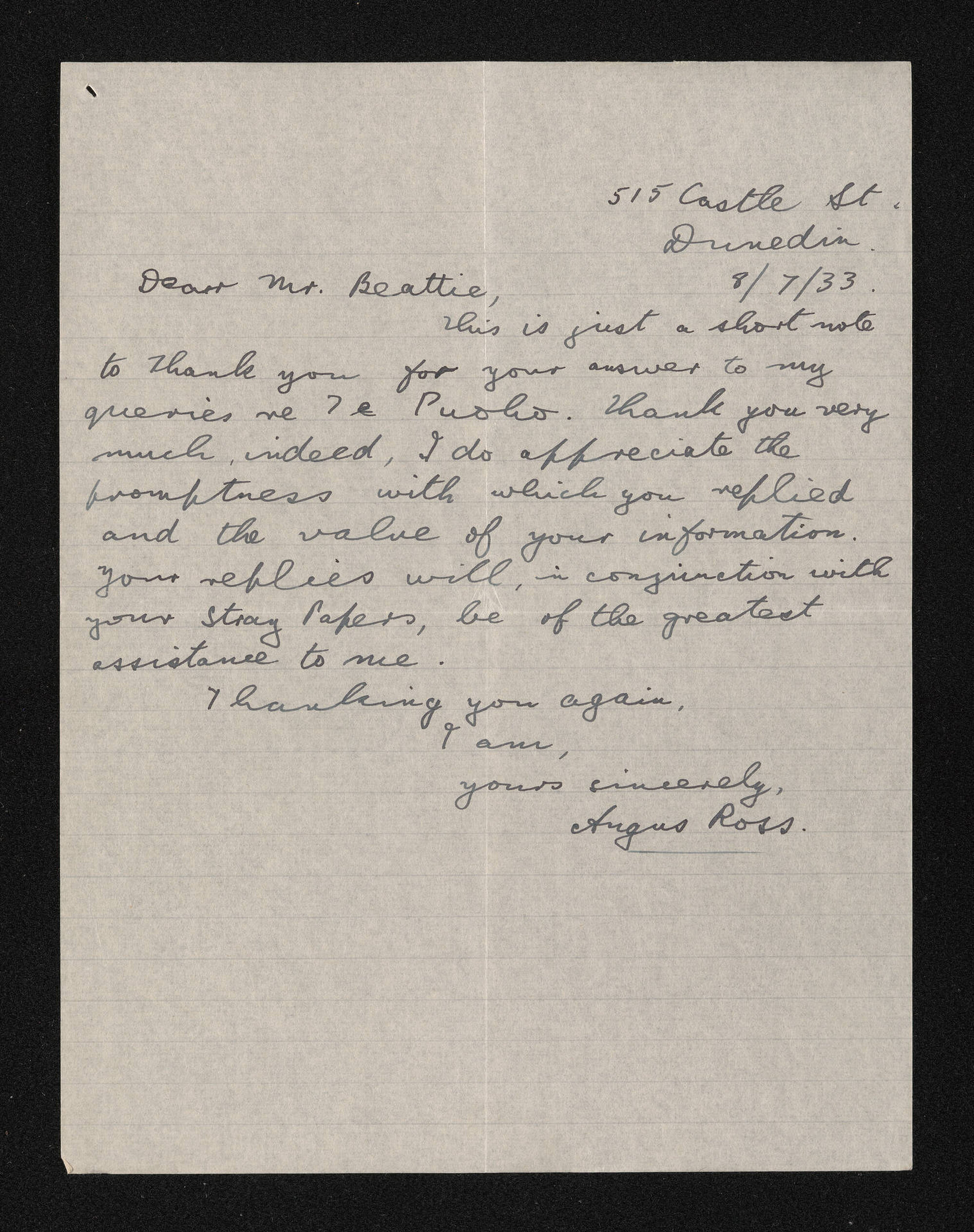 Letter, 8 July 1933, from Angus Ross, to Herries Beattie, regarding Te Puoho and the Tuturau raid