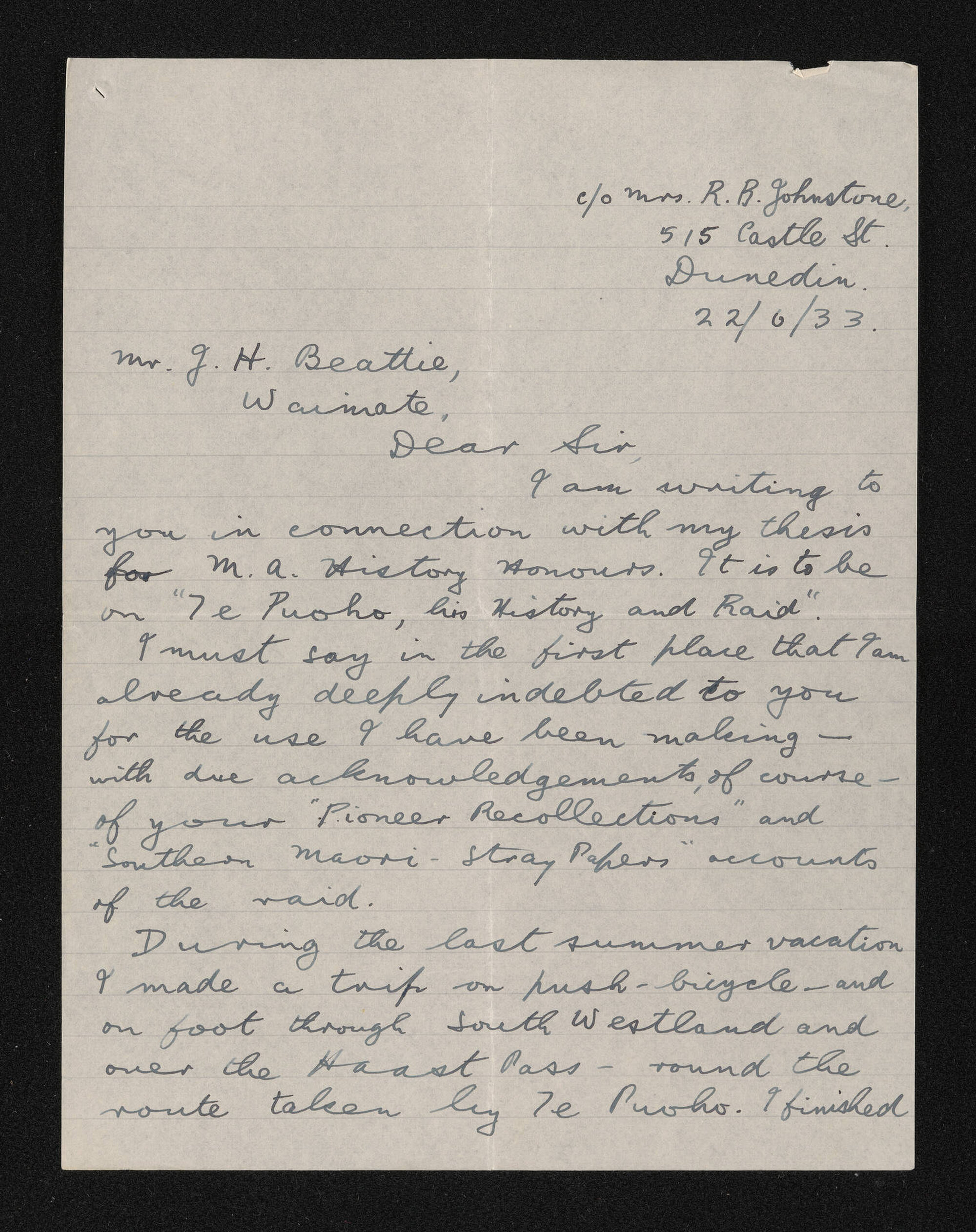 Letter, 22 June 1933, from Angus Ross, to Herries Beattie, regarding the Tuturau raid