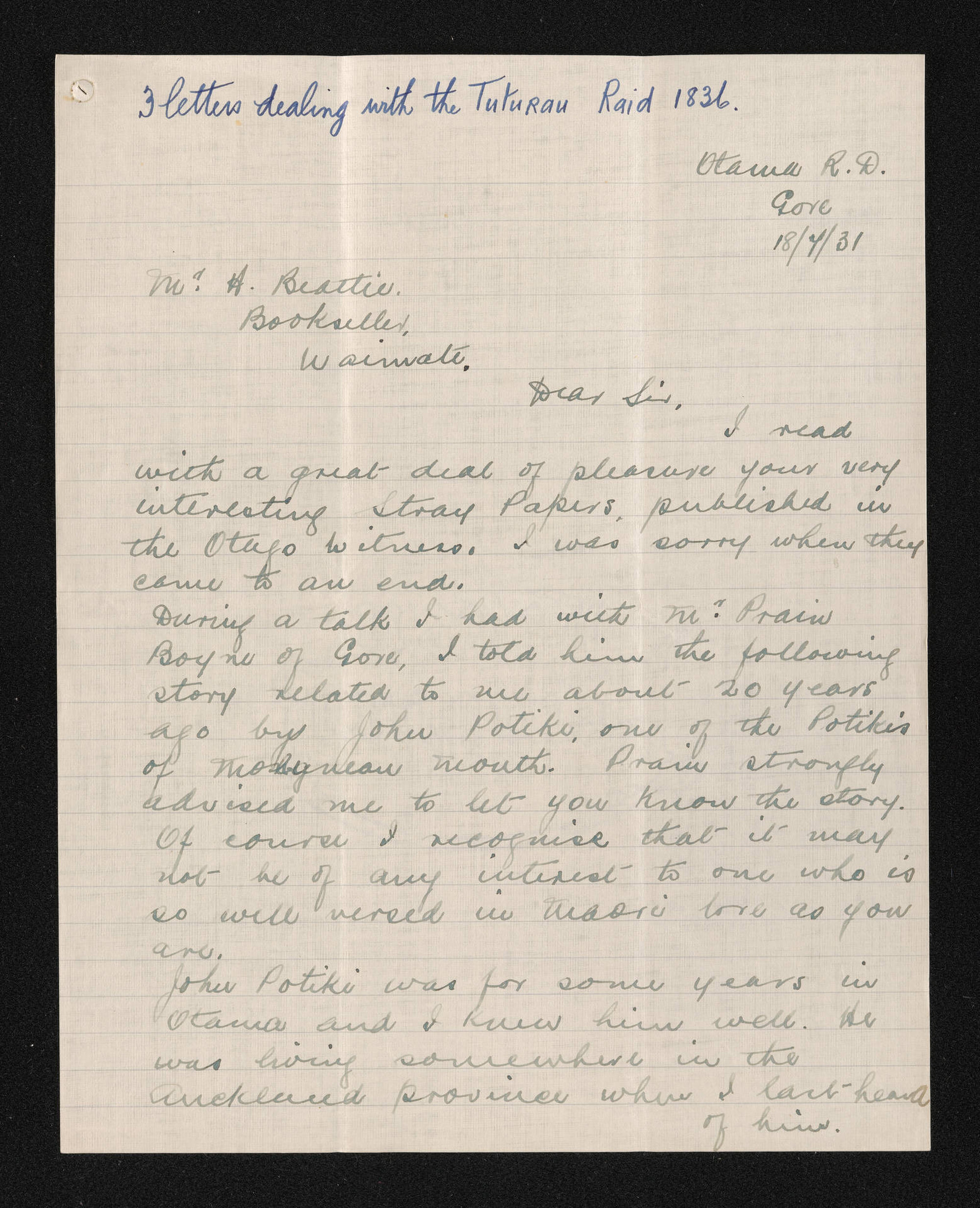 Letter, 18 July 1931, from James Robertson, to Herries Beattie, regarding the Tuturau raid