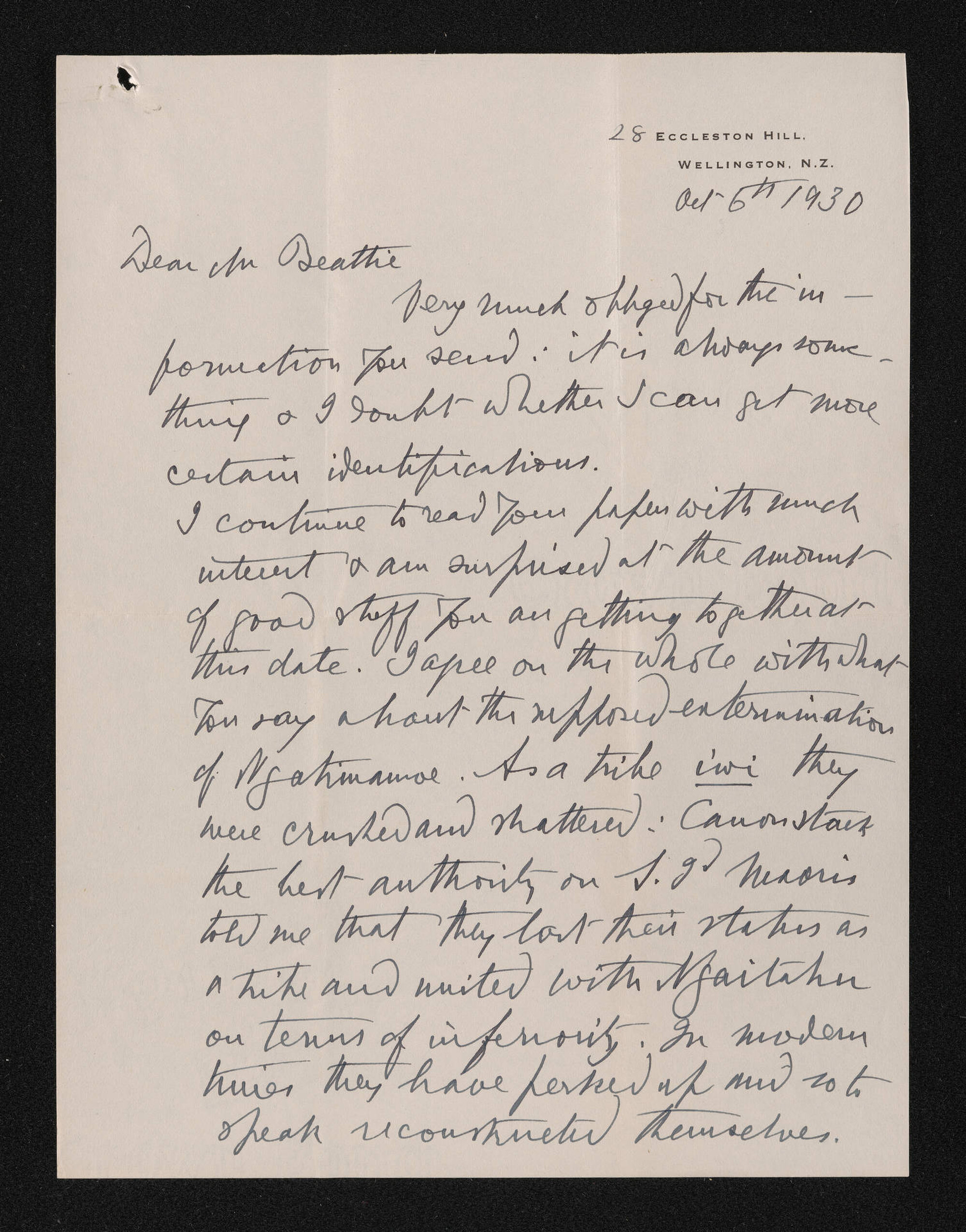 Letter, 6 October 1930, from Frederick Chapman, to Herries Beattie