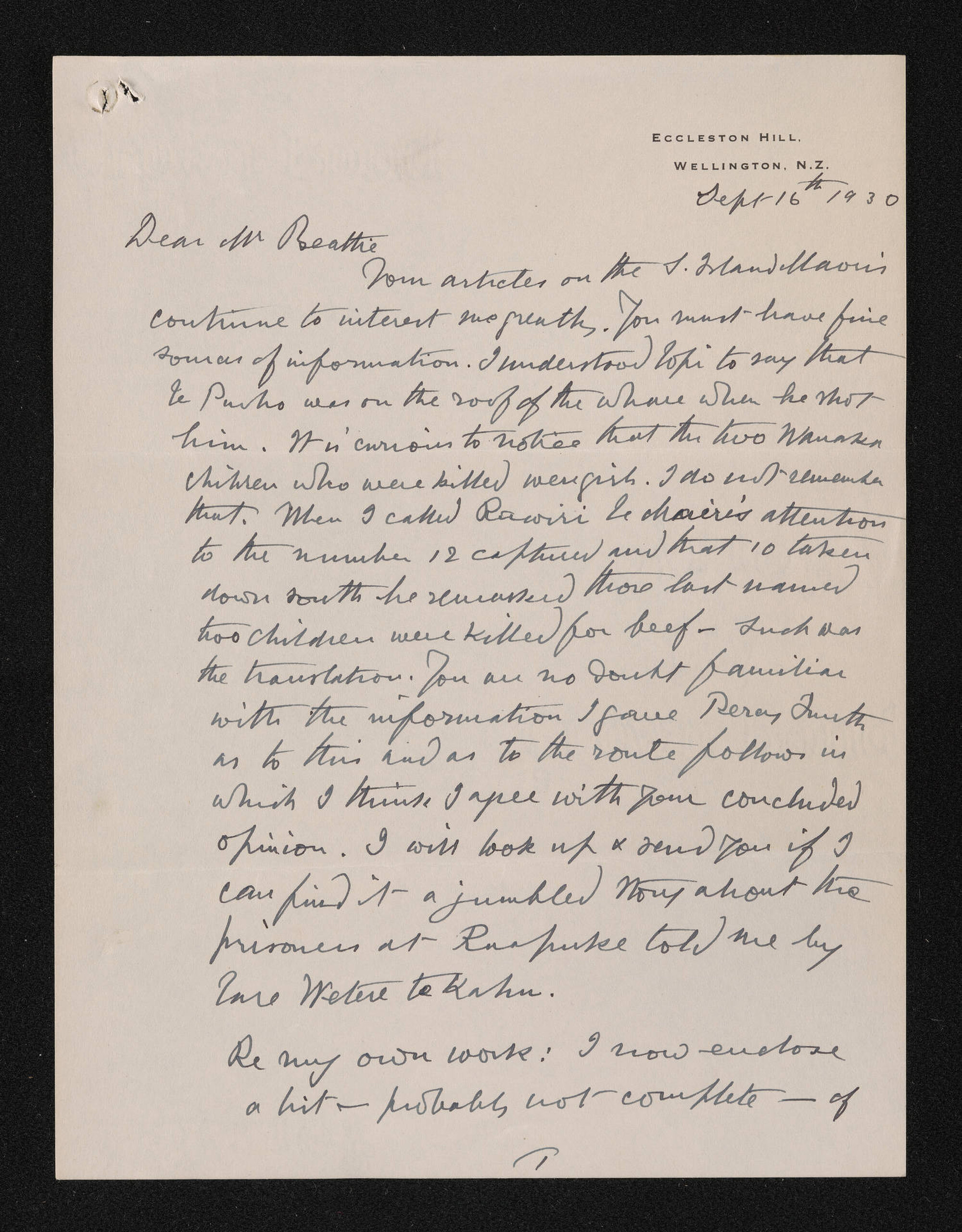 Letter, 16 September 1930, from Frederick Chapman, to Herries Beattie, enclosing a list of place names