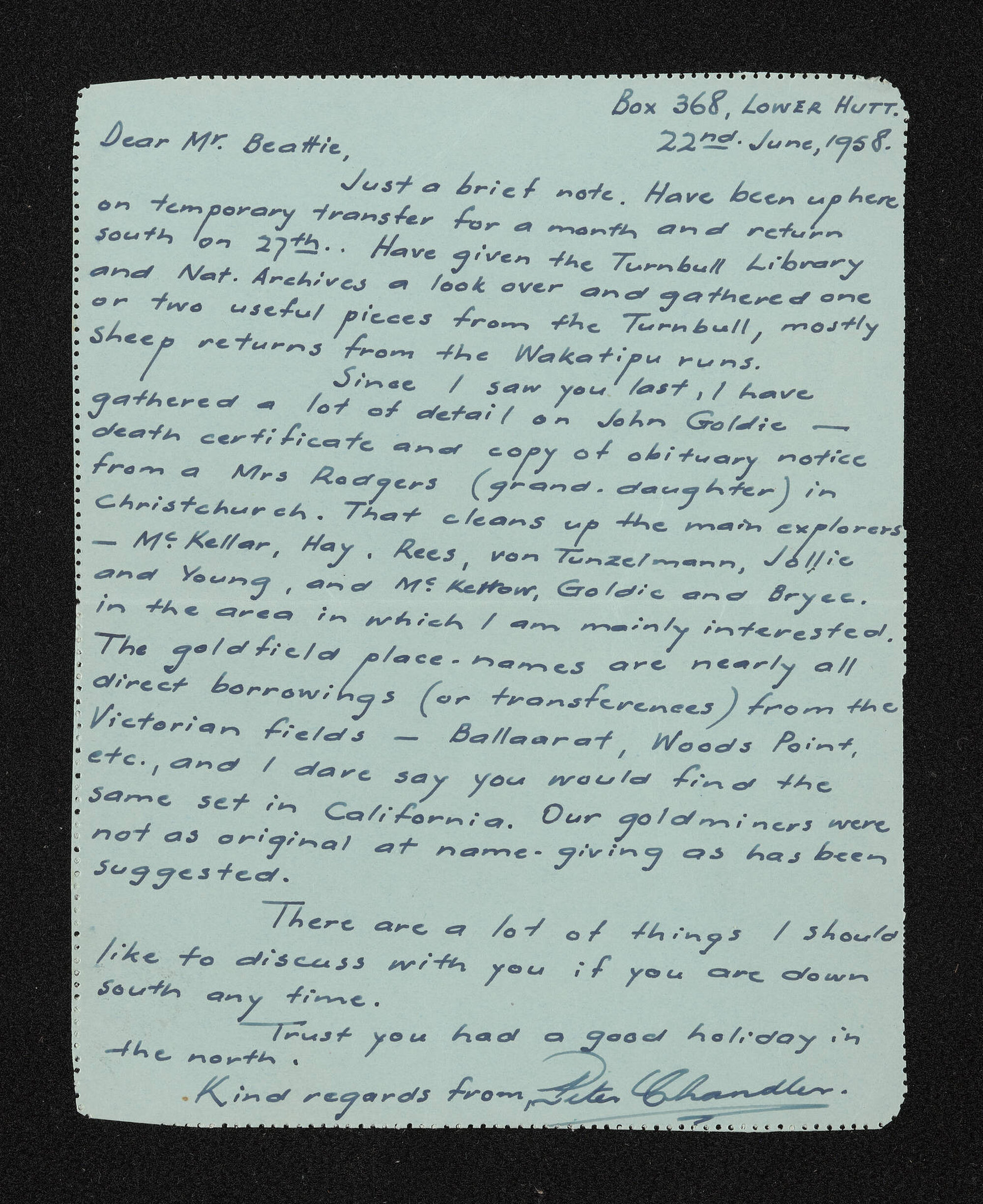 Letter, 22 June 1958, from Peter Chandler, to Herries Beattie