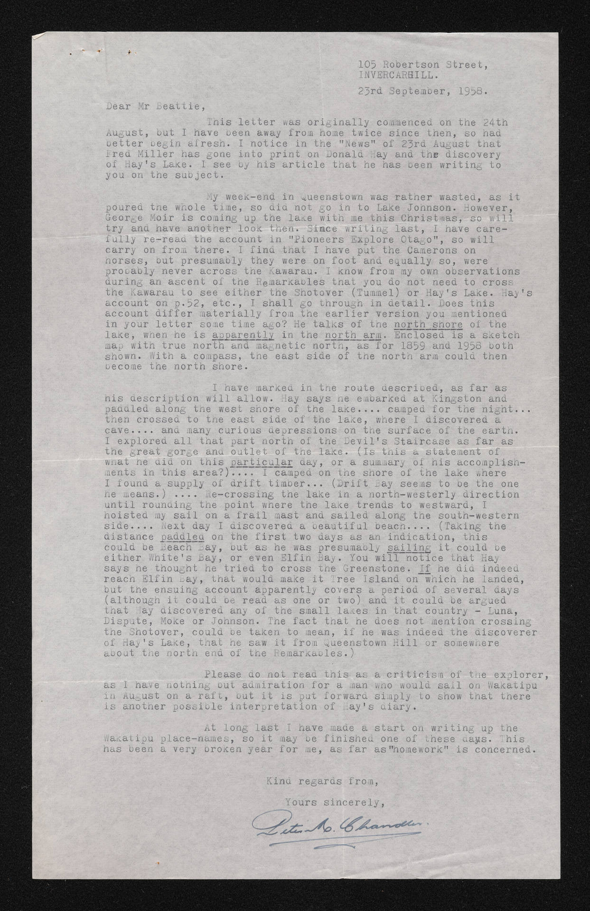 Letter, 23 September 1958, from Peter Chandler, to Herries Beattie, including a copy of a map of Lake Whakatipu marking the route described by Donald Hay 