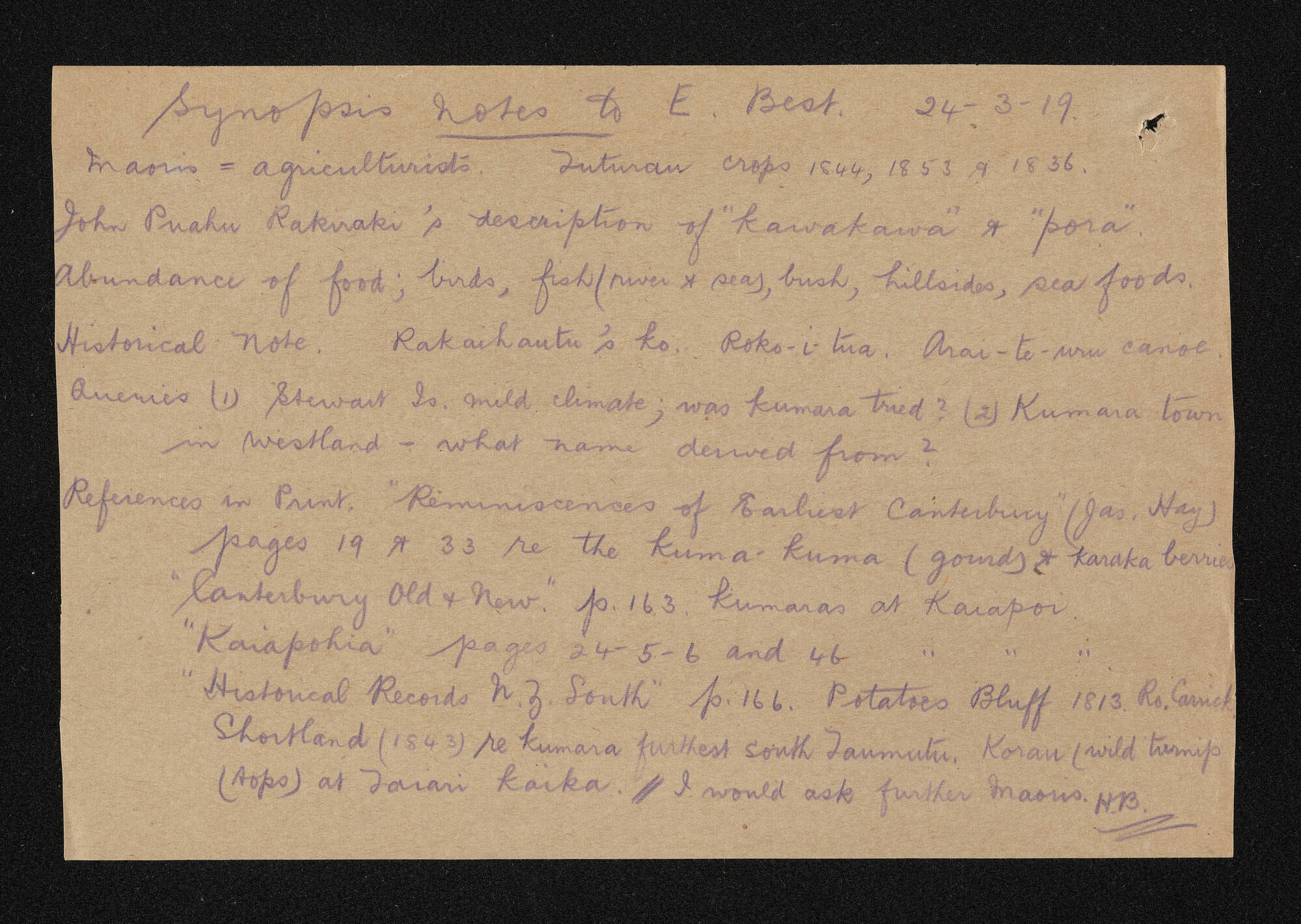 Synopsis of notes, 24 March 1919, from Herries Beattie, to Elsdon Best 