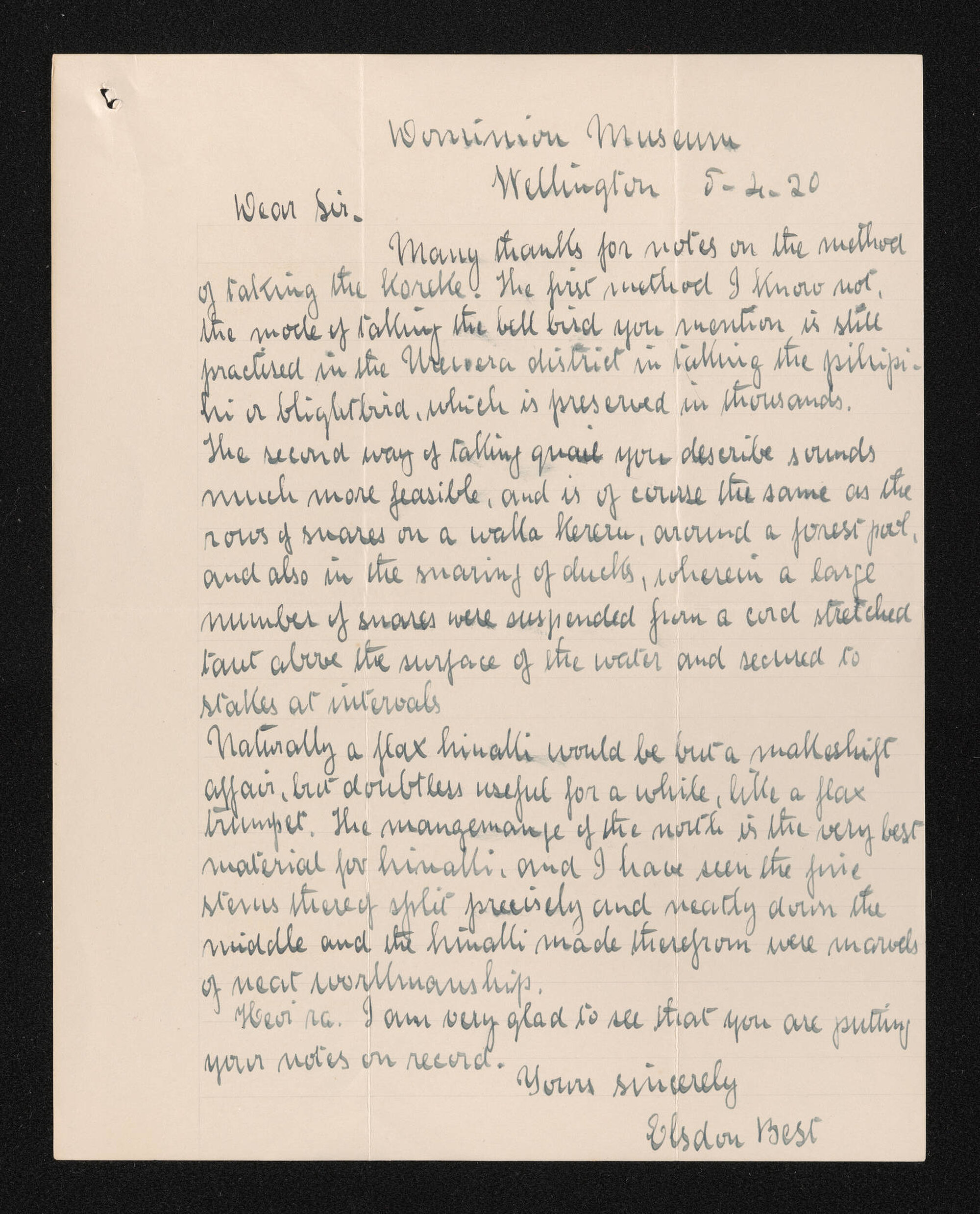 Letter, 5 April 1920, from Elsdon Best, to Herries Beattie