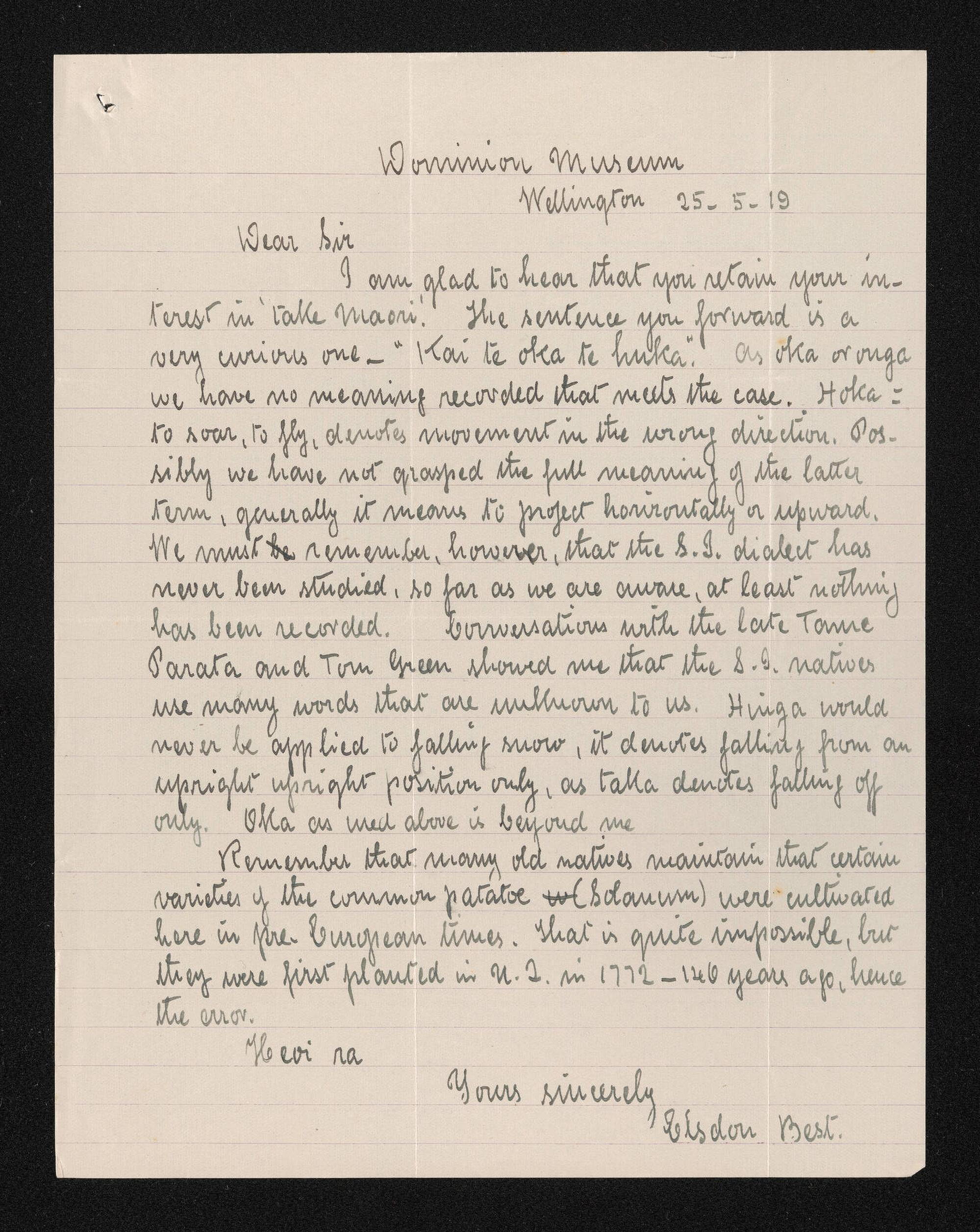 Letter, 25 May 1919, from Elsdon Best, to Herries Beattie