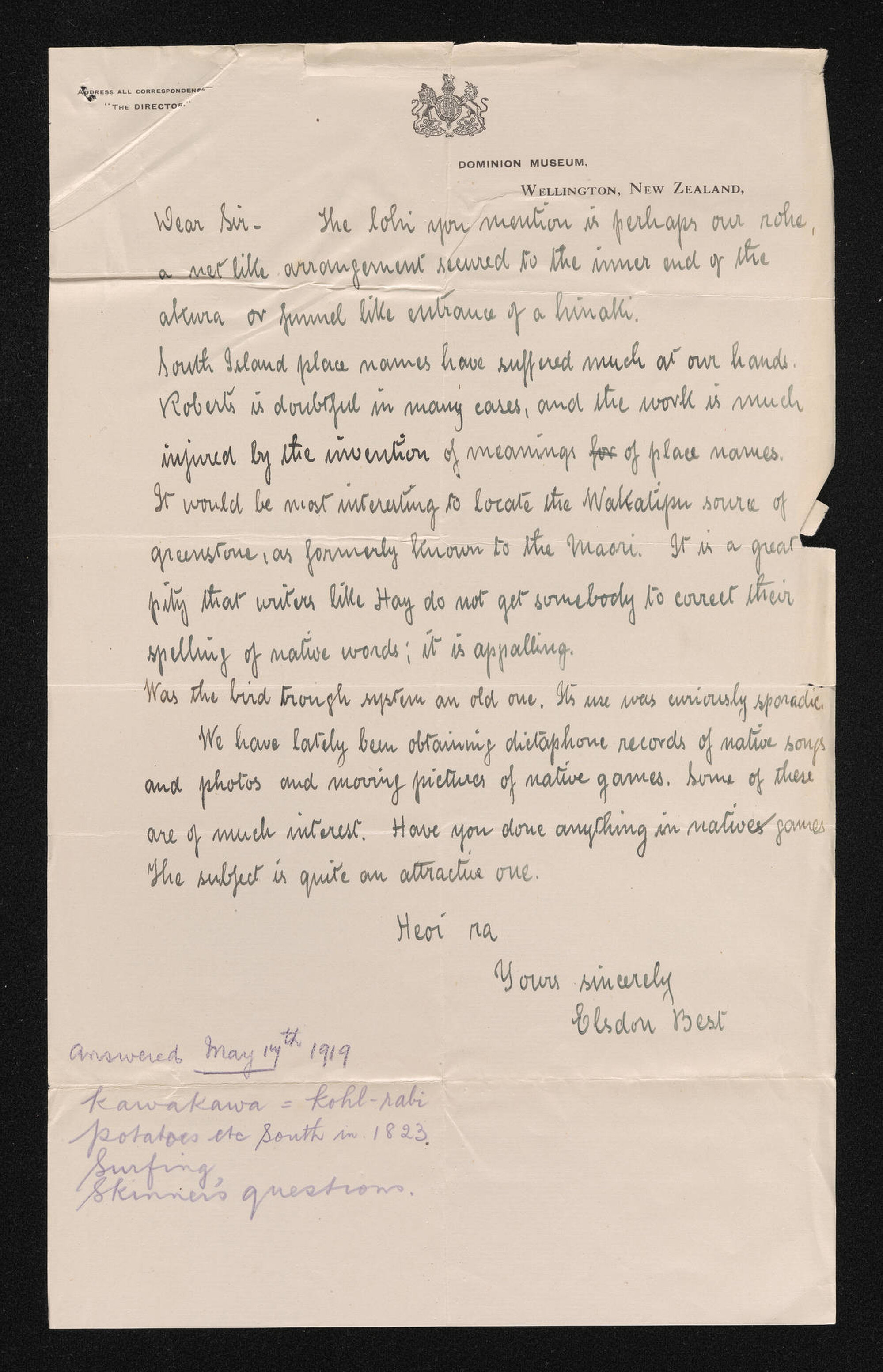 Letter, [1919], from Elsdon Best, to Herries Beattie
