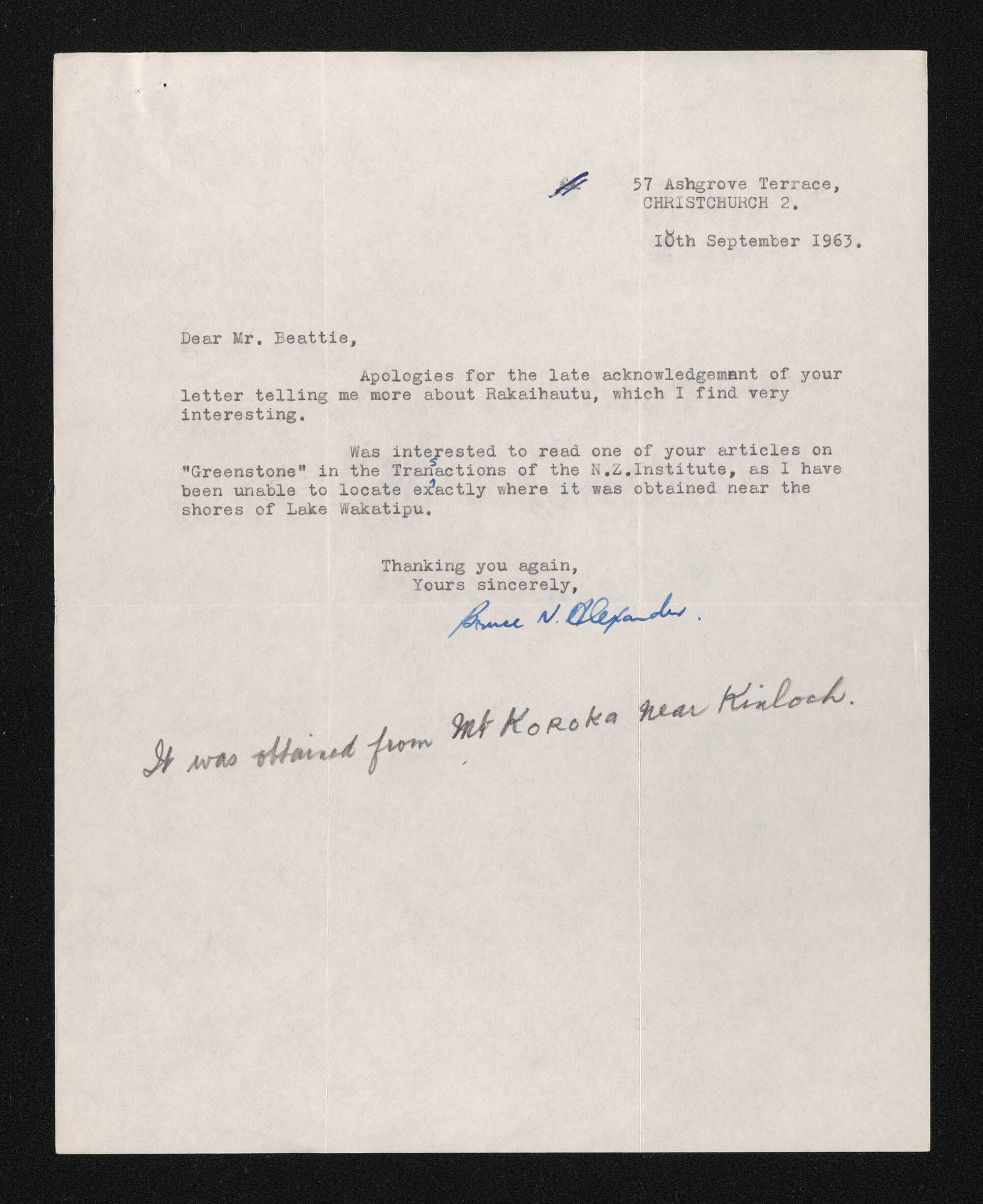Letter, 18 September 1963, from Bruce Alexander, to Herries Beattie