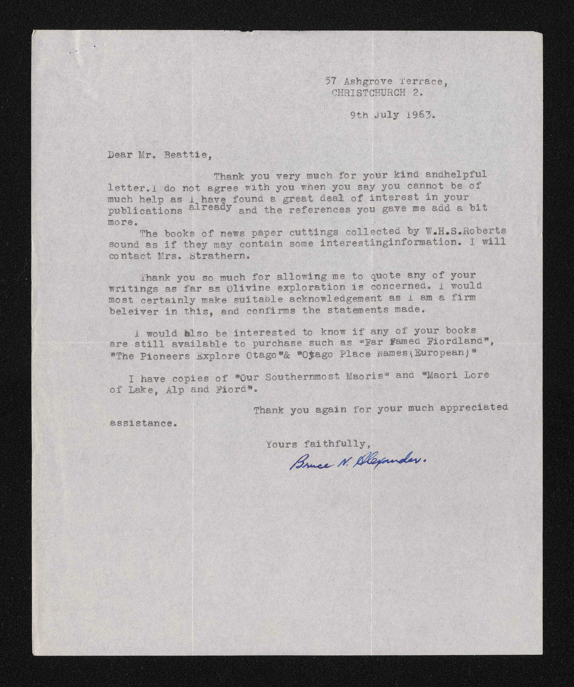 Letter, 9 July 1963, from Bruce Alexander, to Herries Beattie