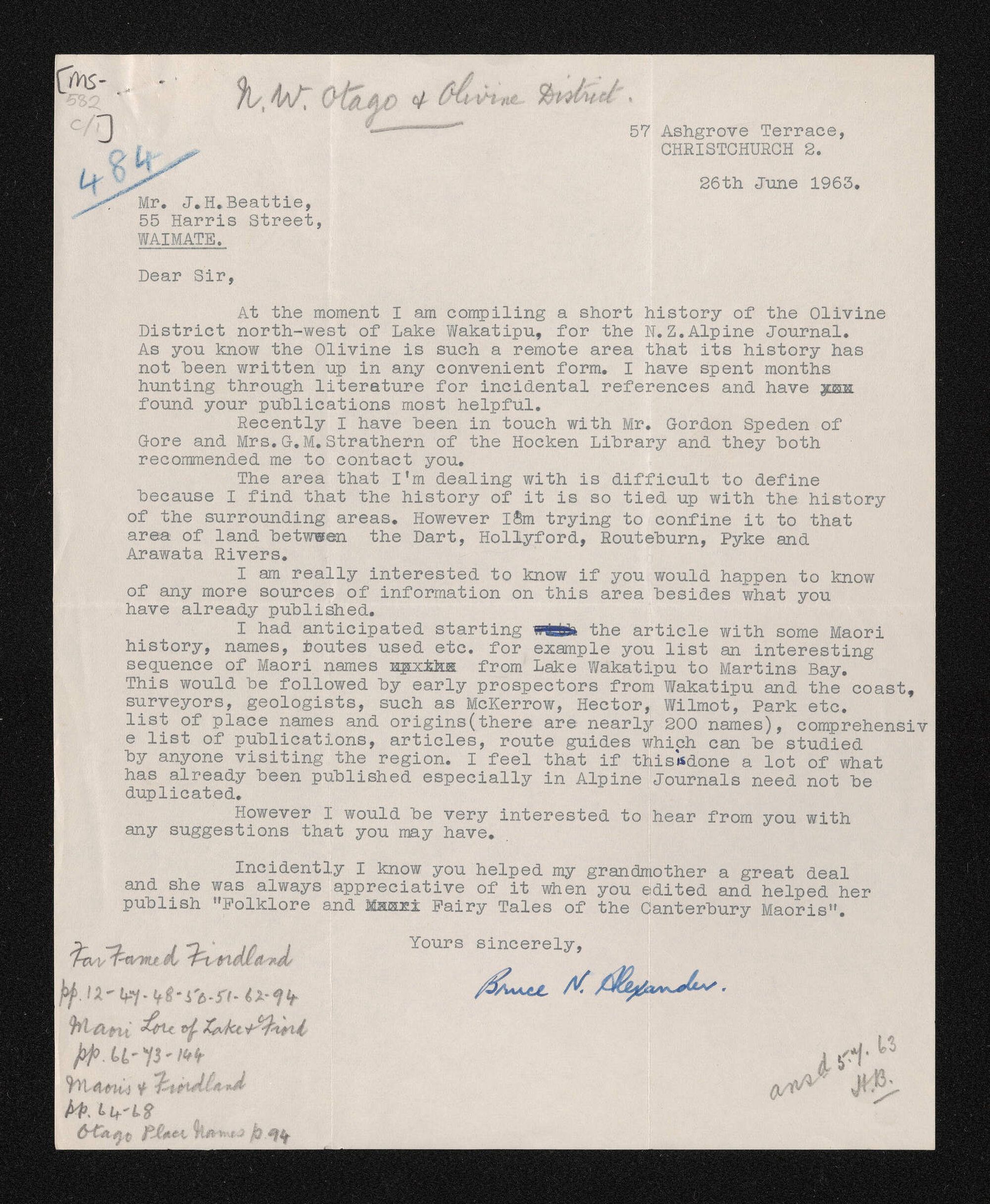 Letter, 26 June 1963, from Bruce Alexander, to Herries Beattie
