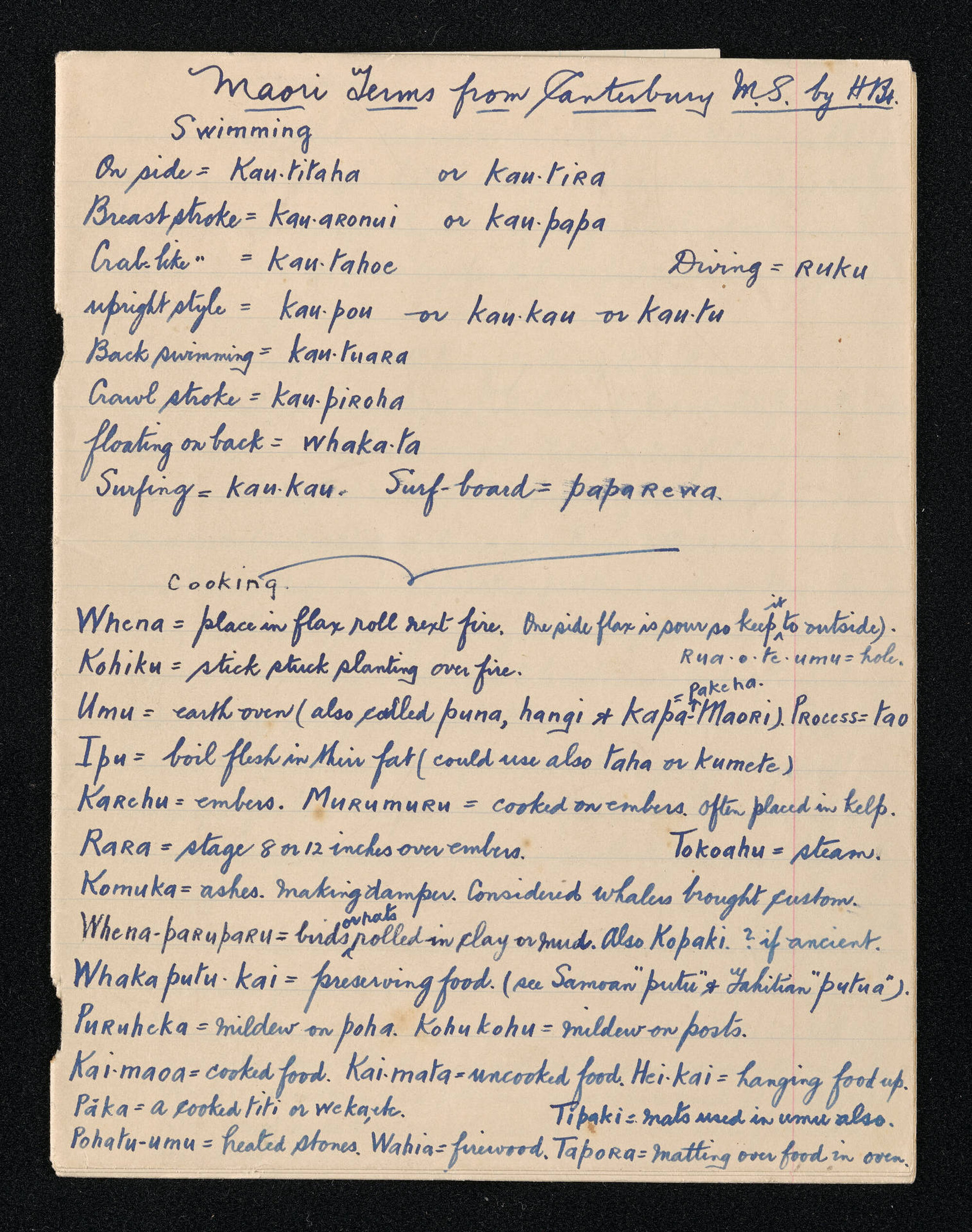 Notes entitled, 'Maori Terms from Canterbury M.S.'