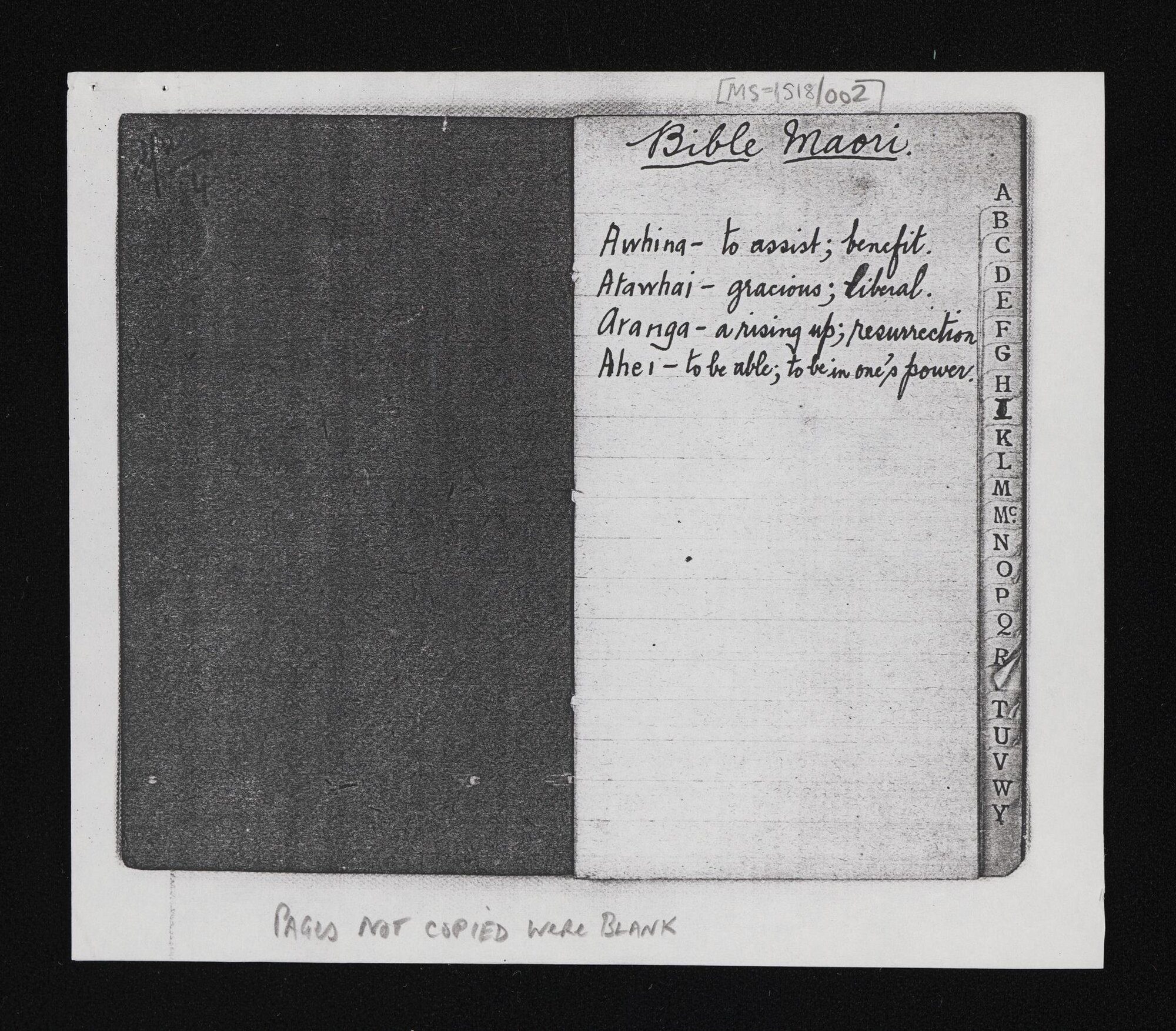 Photocopy of an indexed notebook entitled, 'Bible Maori'