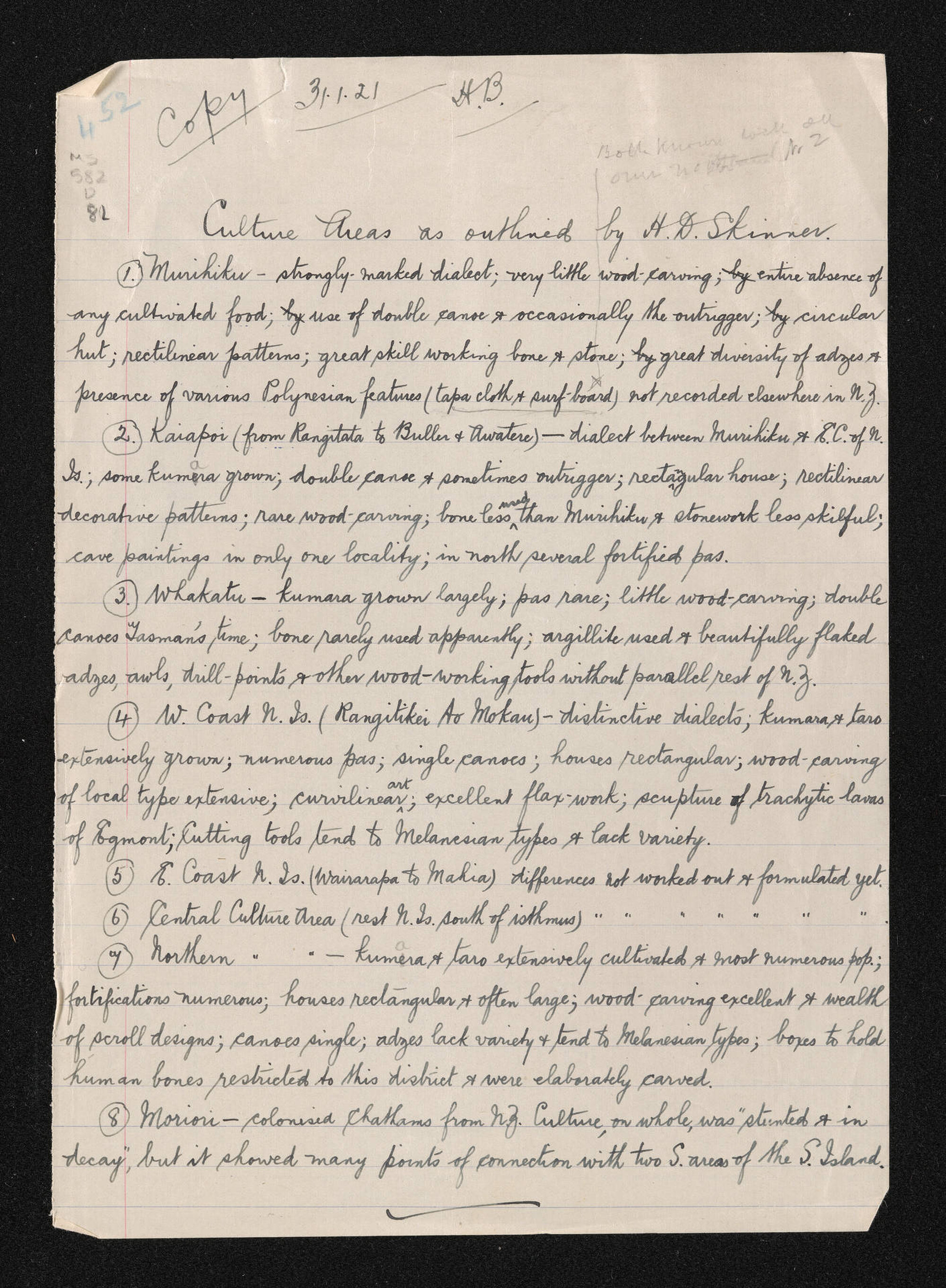 Notes entitled, 'Culture areas as outlined by H D Skinner'